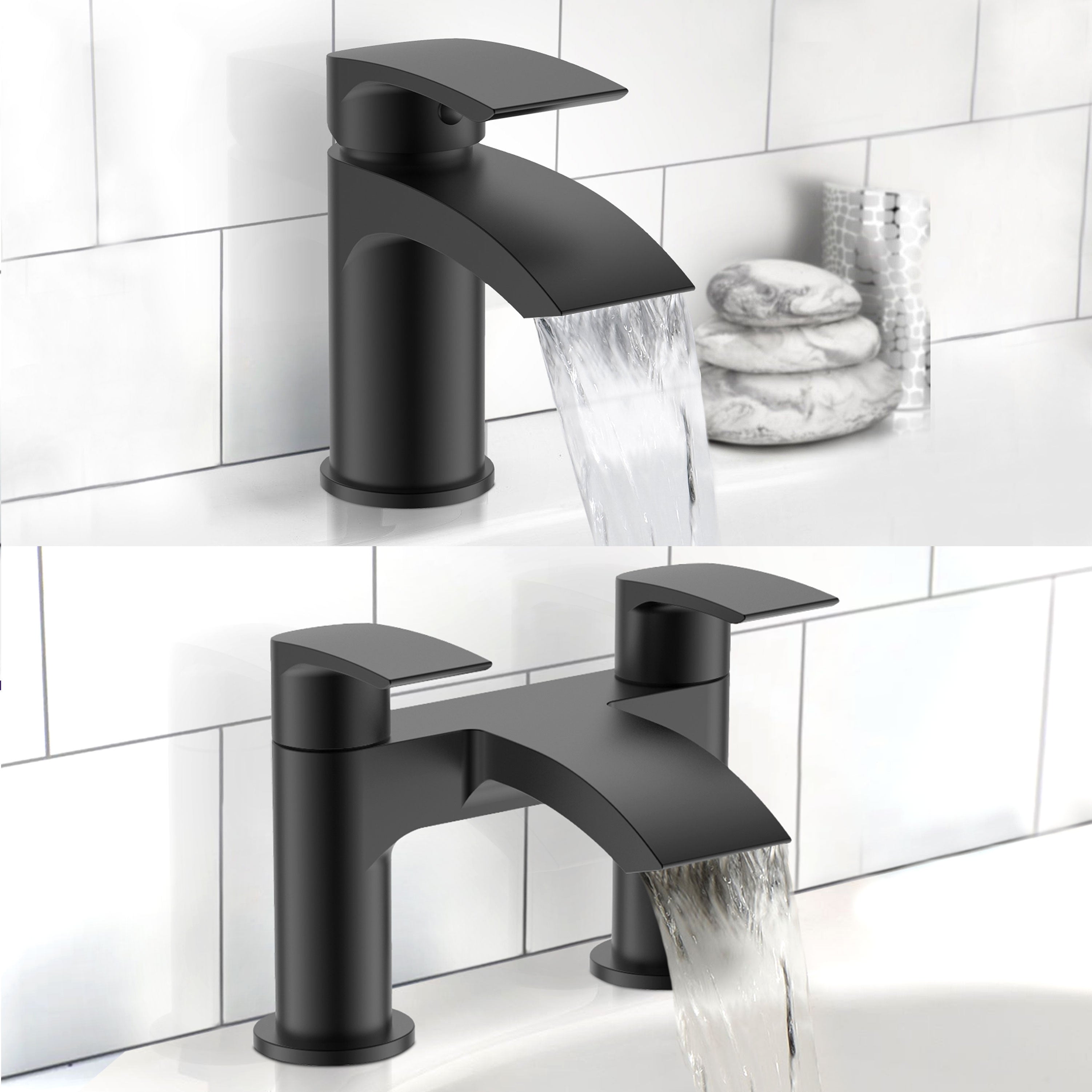 Vago Bathroom Sink Basin Mono Mixer Bath Filler Shower Black Matt Brass Tap & Waste