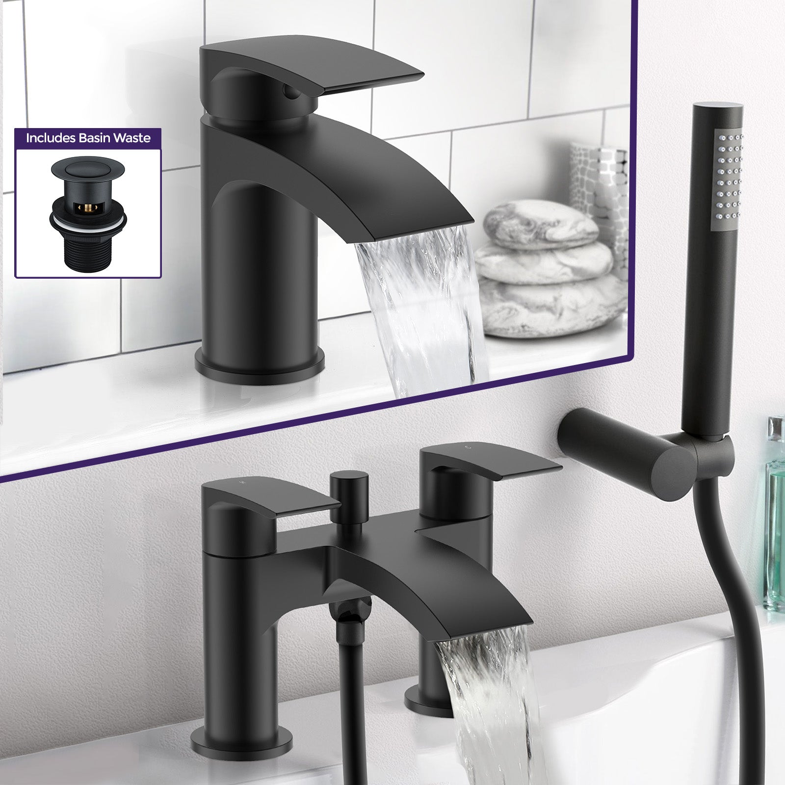 Vago Modern Matte Black Waterfall Basin Mixer Tap & Bath Shower Mixer With Handset Kit