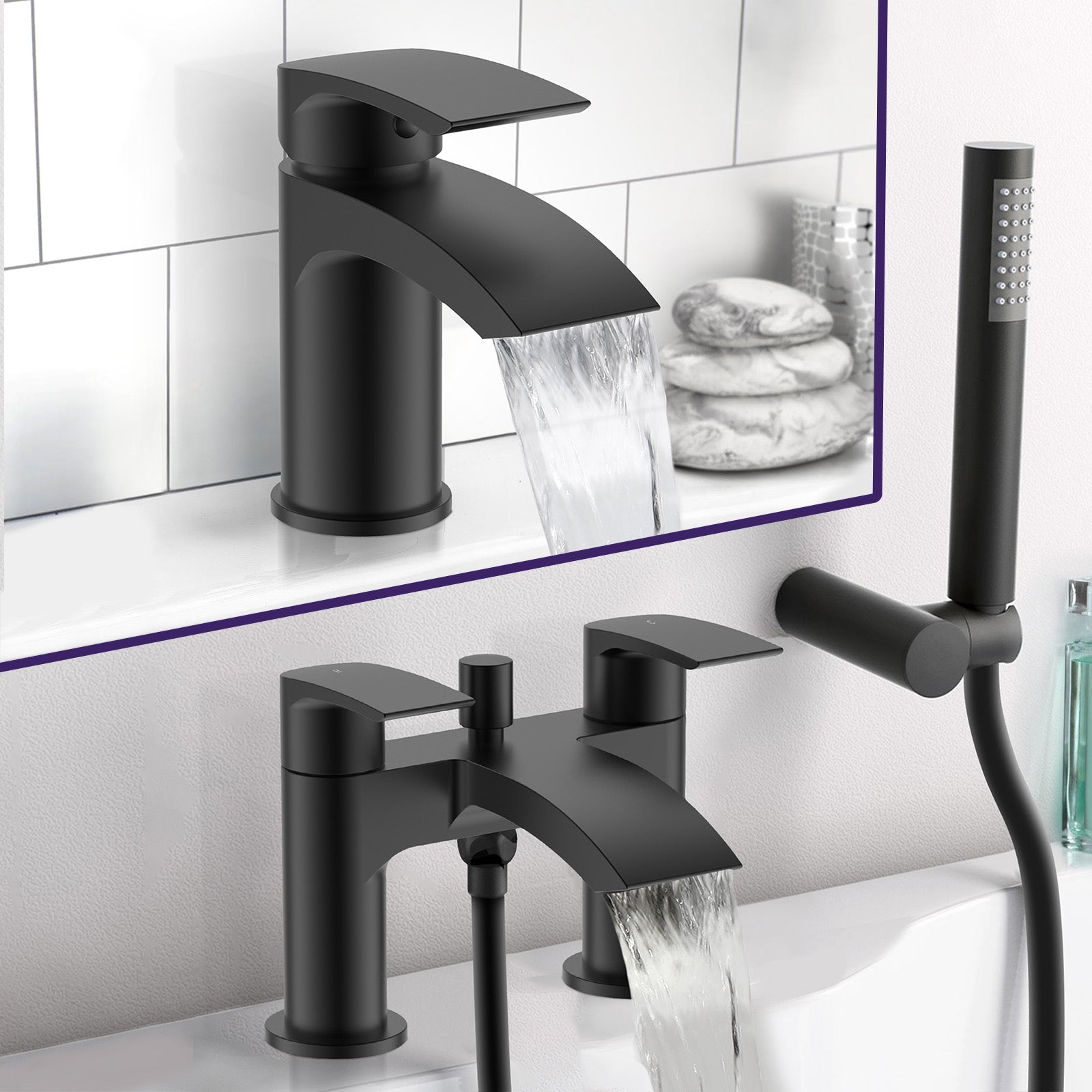 Vago Modern Matte Black Waterfall Basin Mixer Tap & Bath Shower Mixer With Handset Kit