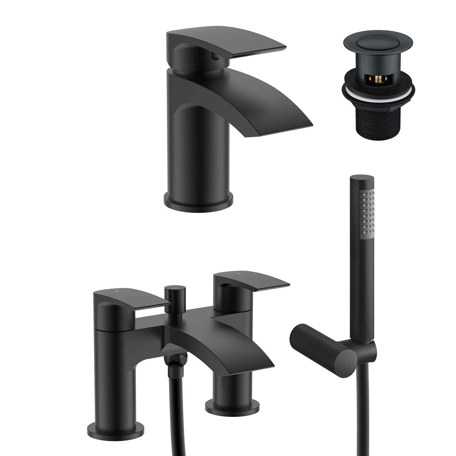 Vago Modern Matte Black Waterfall Basin Mixer Tap & Bath Shower Mixer With Handset Kit