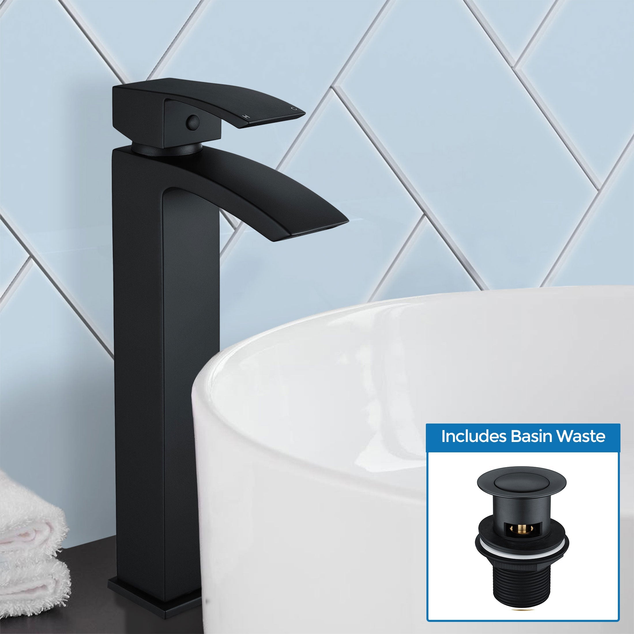 Arke Modern Extended Matte Black Design Countertop Basin Mono Mixer Tap