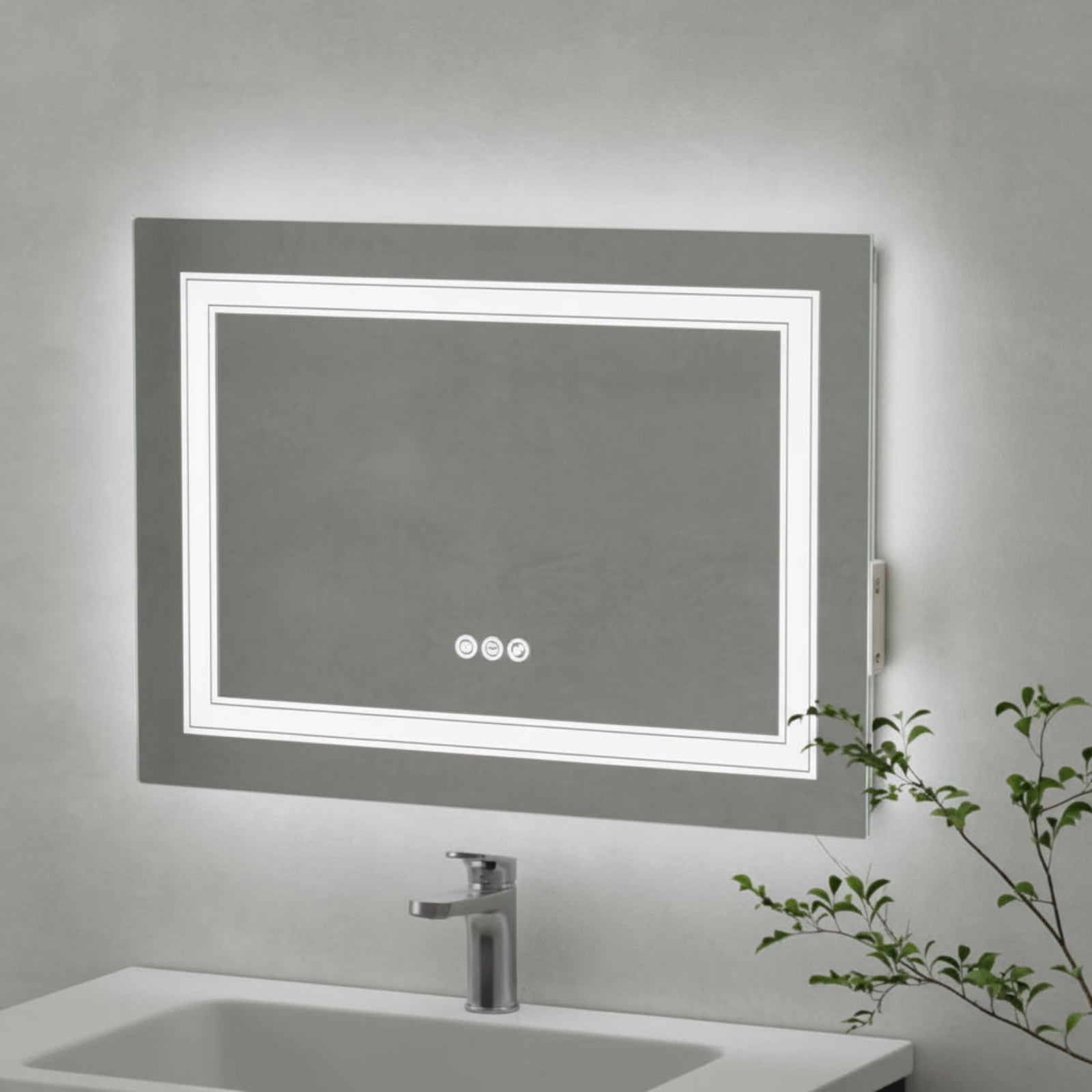 Kartell Scope 700mm W x 500mm H Rectangle Chrome Frameless Landscape LED Mirror Wall Mounted with Charger Socket - SC5070L