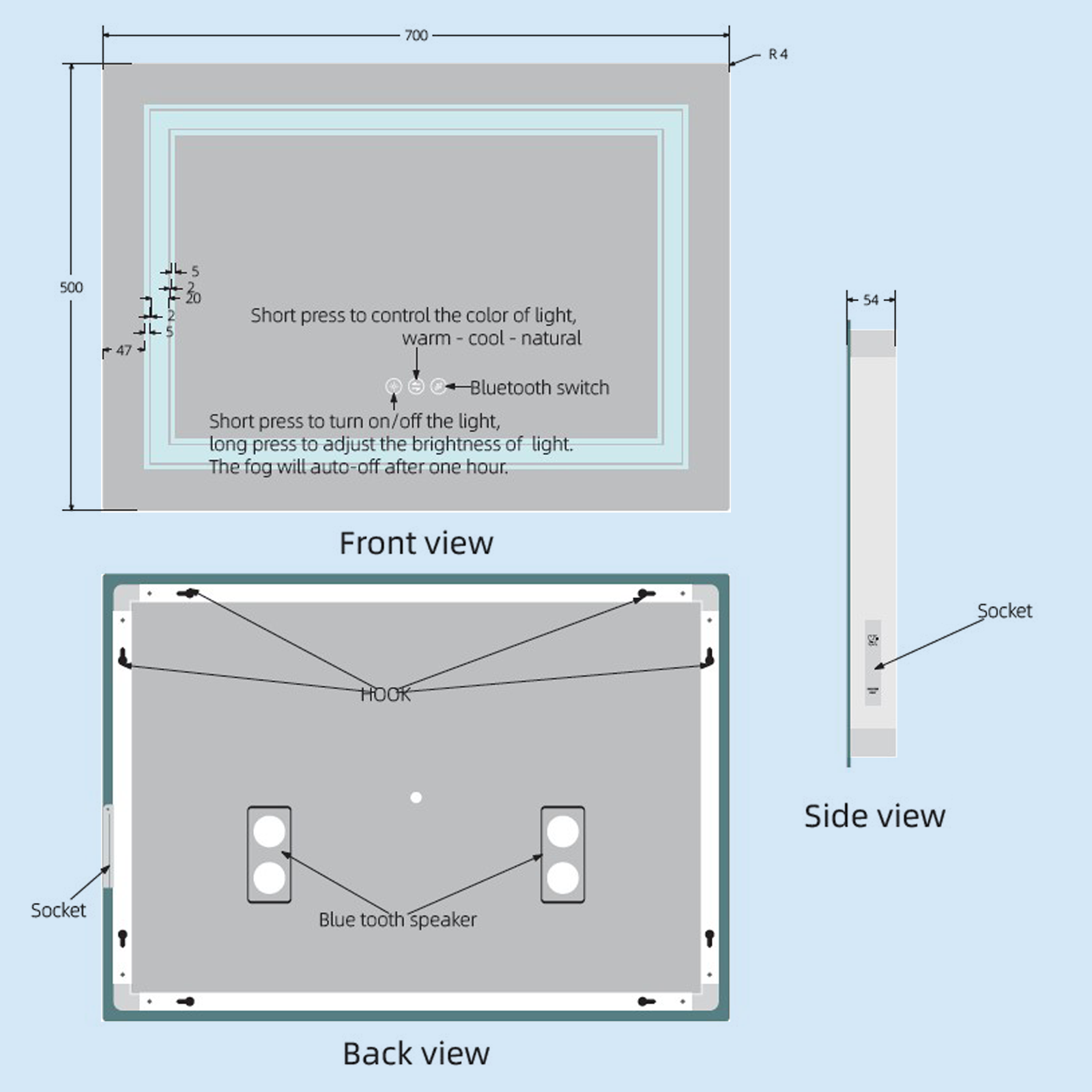 Kartell Scope 700mm W x 500mm H Rectangle Chrome Frameless Landscape LED Mirror Wall Mounted with Charger Socket - SC5070L