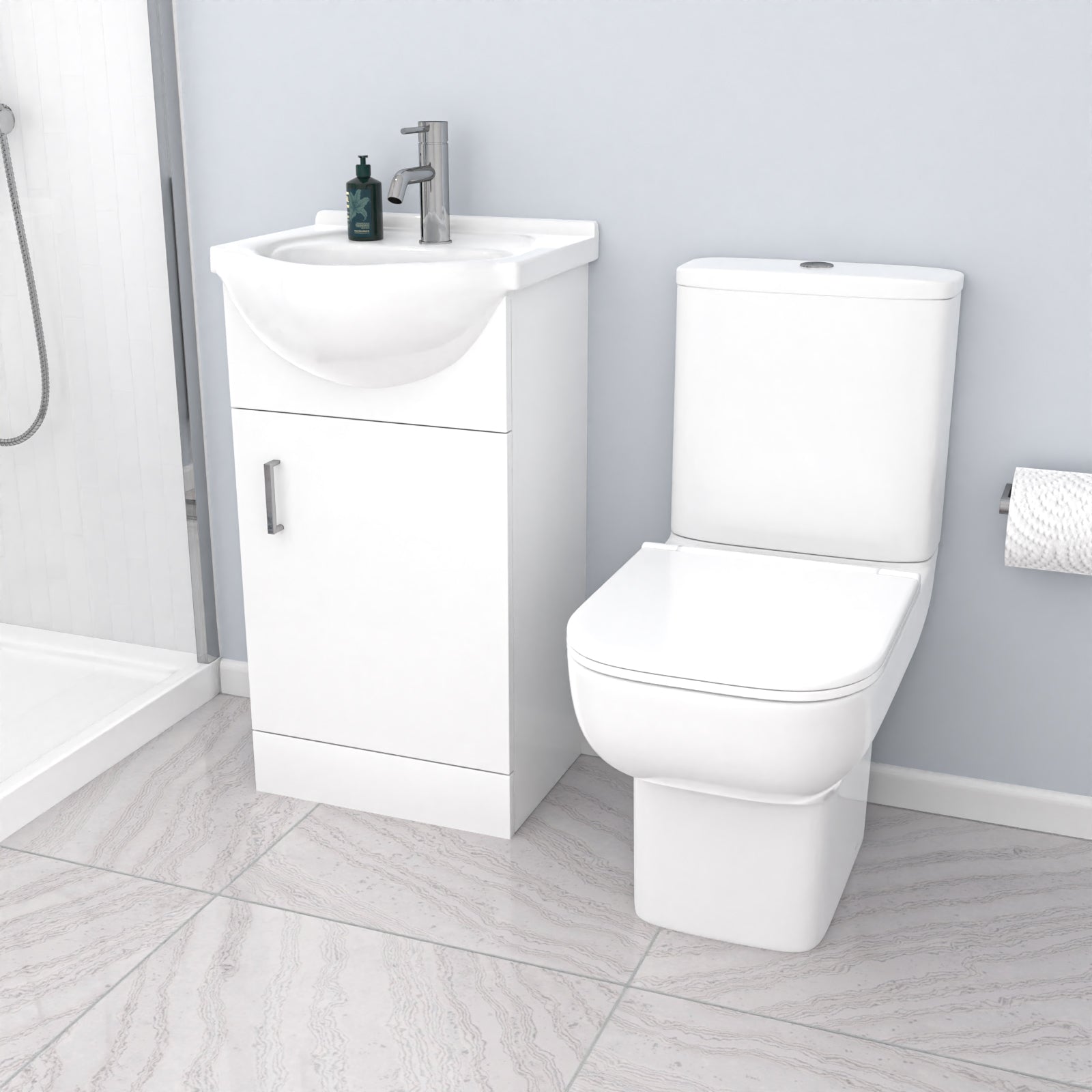 Ellen 760mm Shower Enclosure, Side Panel, 450mm Vanity Unit & Toilet