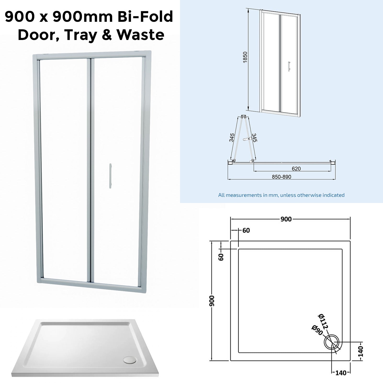 Bi-Fold 900mm Glass Shower Door with 900mm Side Panel and Tray
