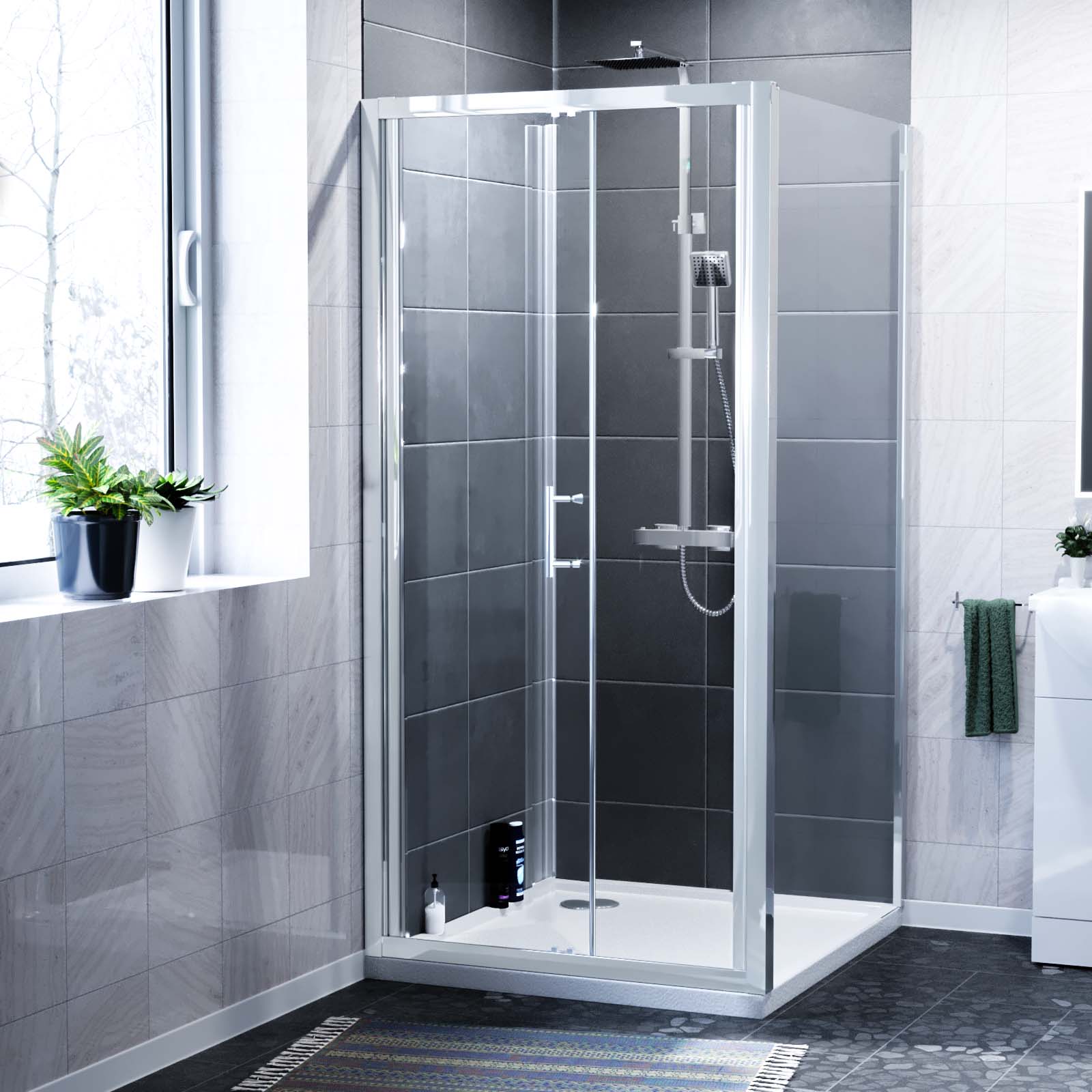 Sliding Shower Door Enclosure with Frameless Glass Panel Screen & Tray