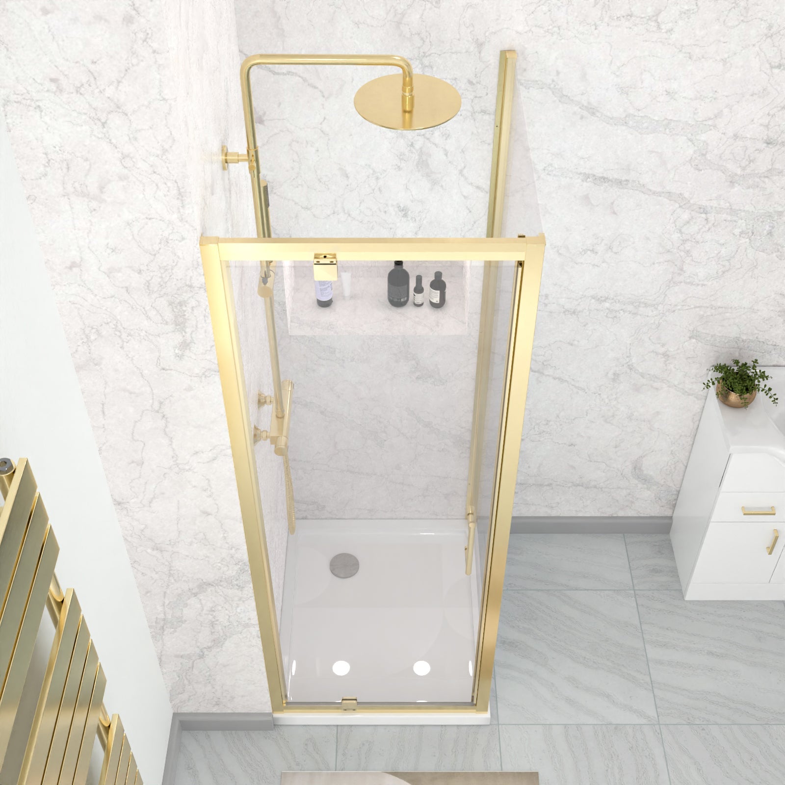Jupiter 700 x 700mm Brushed Brass Framed Pivot Door Shower Enclosure & Side Panel
