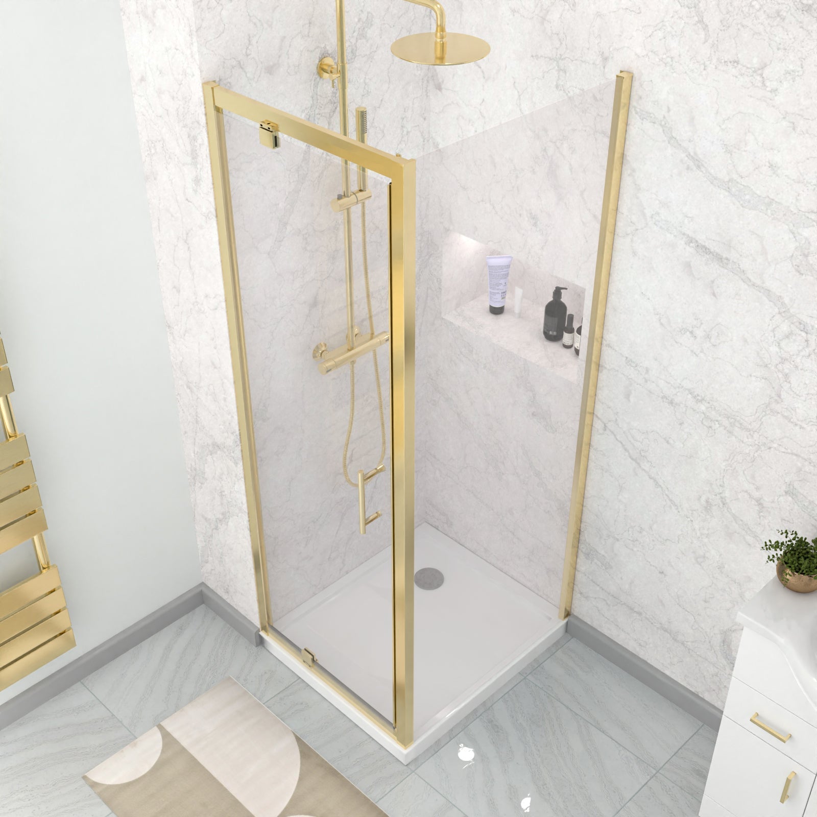 Jupiter 700 x 700mm Brushed Brass Framed Pivot Door Shower Enclosure & Side Panel