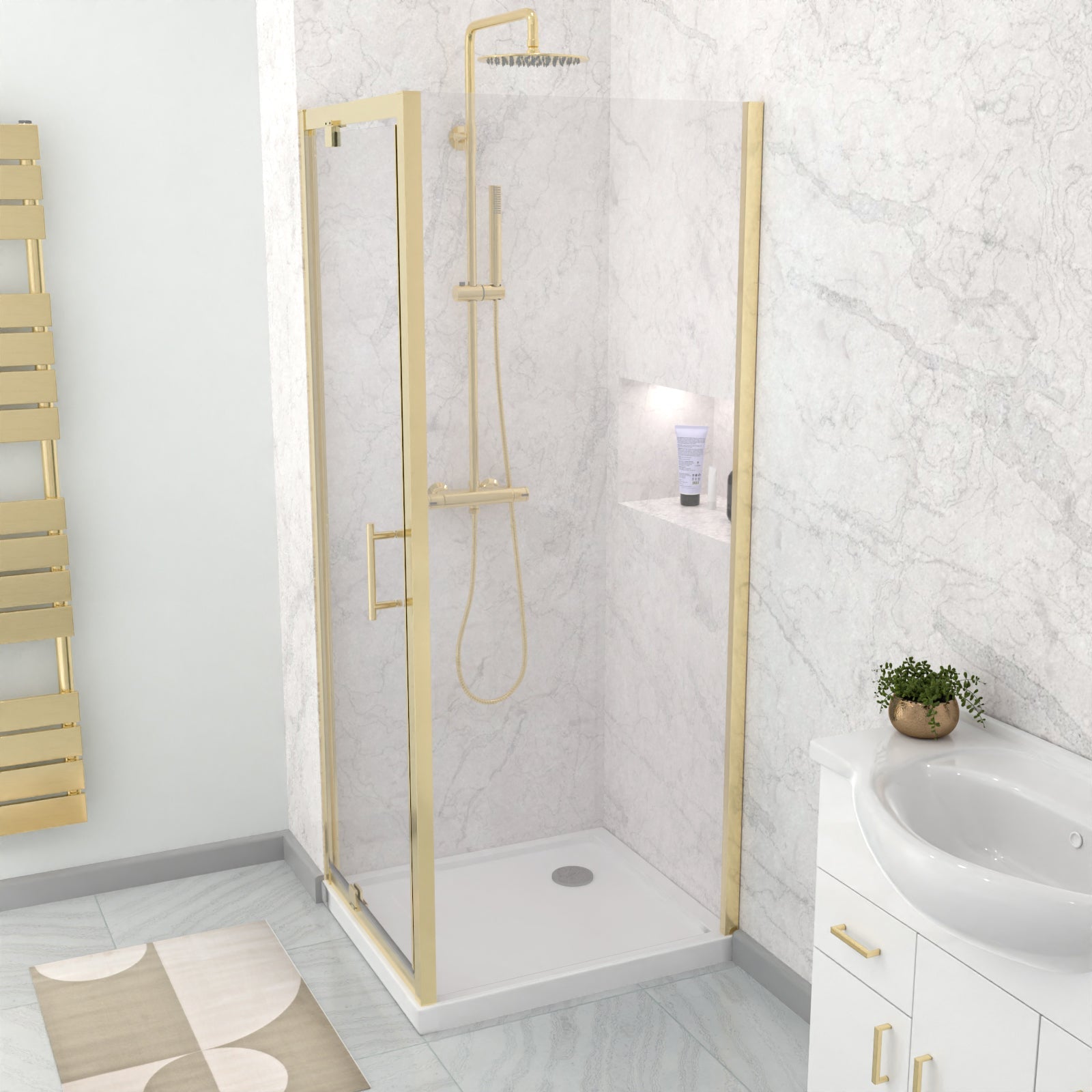 Jupiter 700 x 700mm Brushed Brass Framed Pivot Door Shower Enclosure & Side Panel