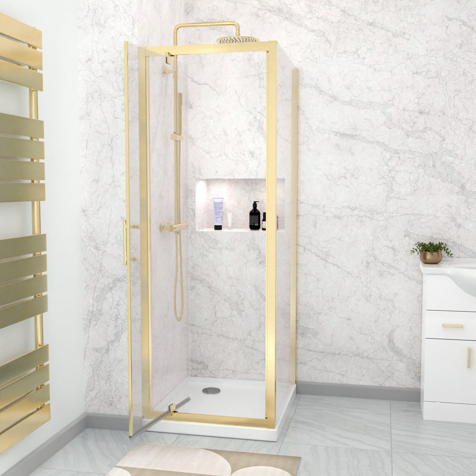 Jupiter 700 x 700mm Brushed Brass Framed Pivot Door Shower Enclosure & Side Panel
