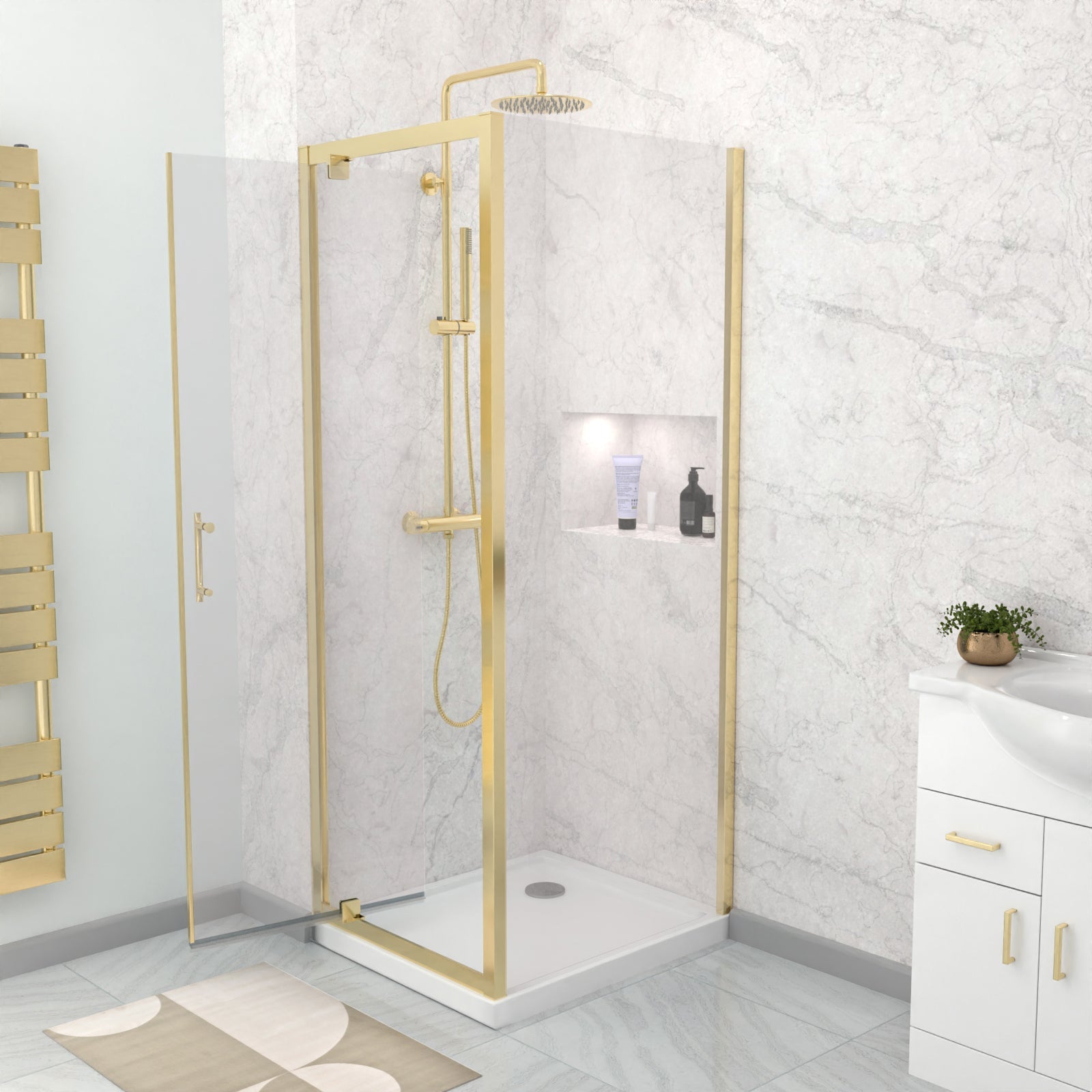 Jupiter 700 x 700mm Brushed Brass Framed Pivot Door Shower Enclosure & Side Panel