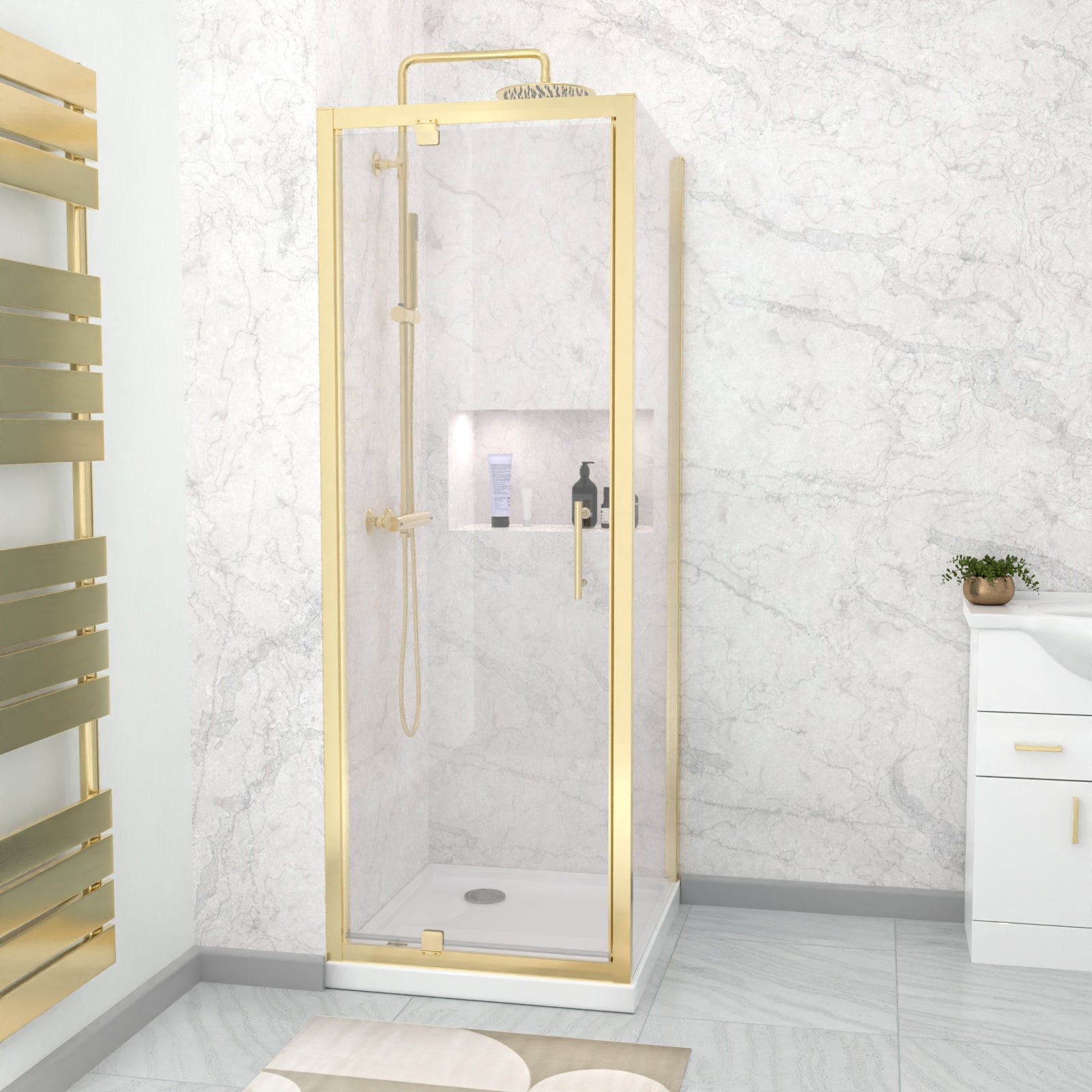 Jupiter 760 x 700mm Brushed Brass Framed Pivot Door Shower Enclosure & Side Panel