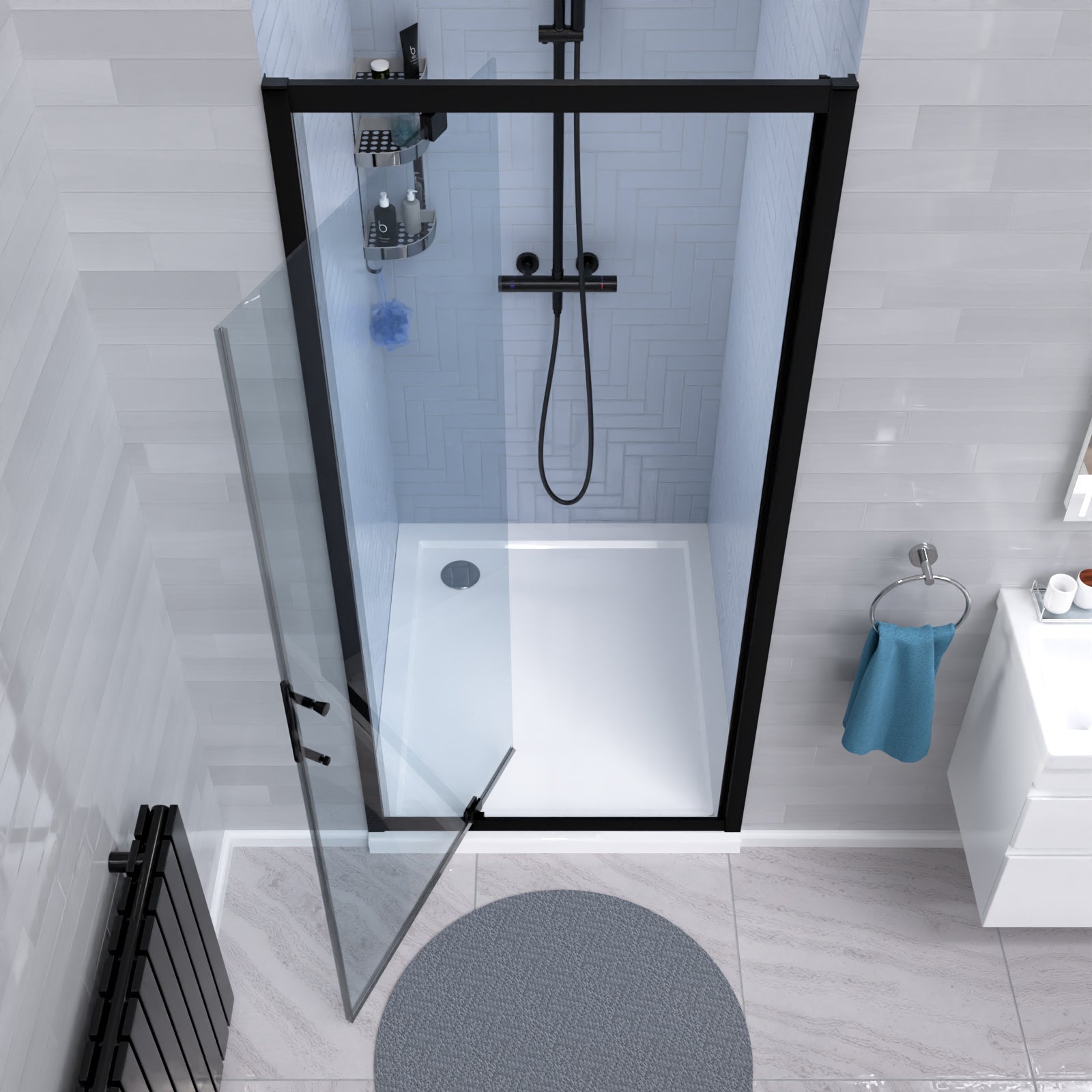 Jupiter 800mm Matte Black Framed Pivot Shower Door Enclosure Screen 6mm Tempered Glass