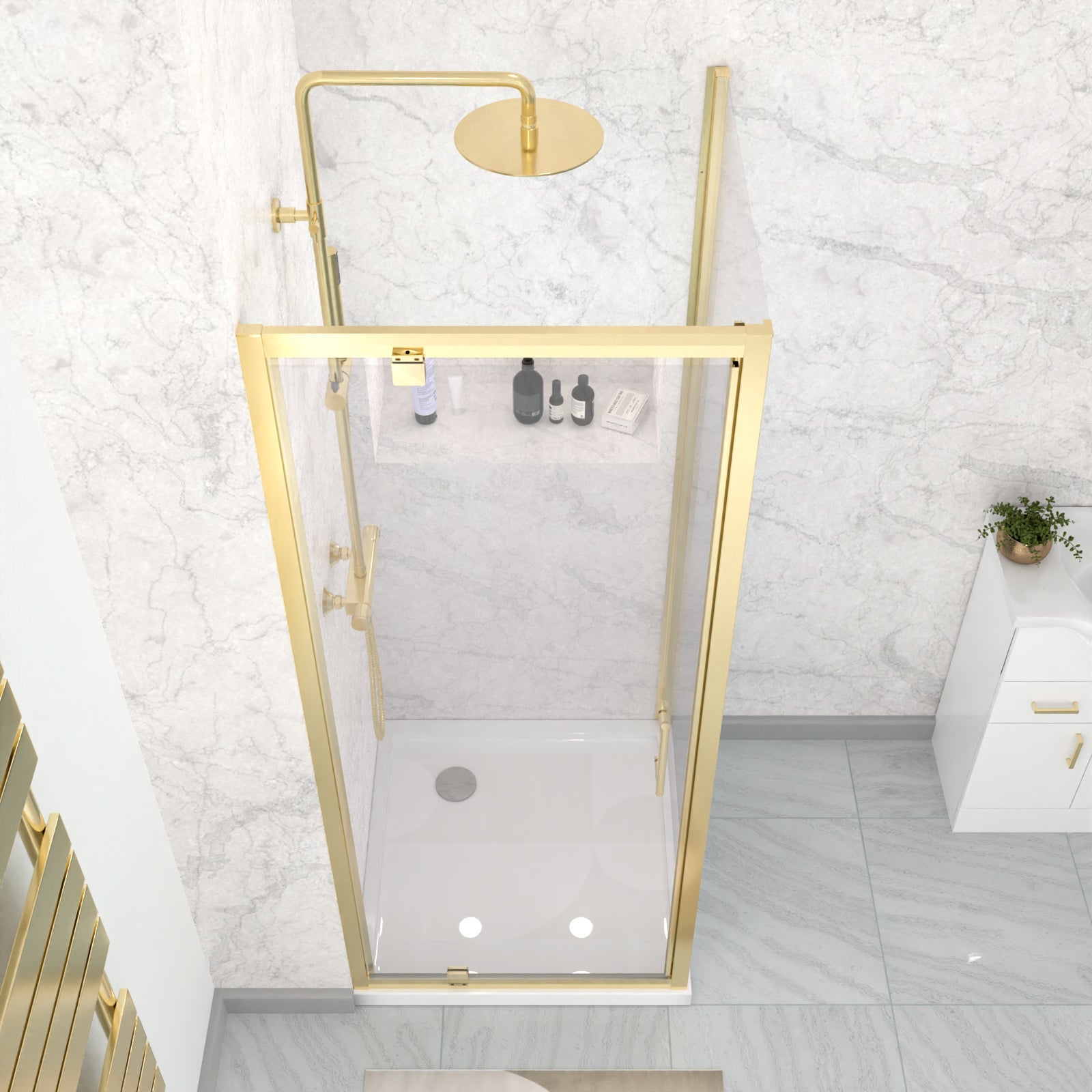 Jupiter 800 x 800mm Brushed Brass Framed Pivot Door Shower Enclosure & Side Panel