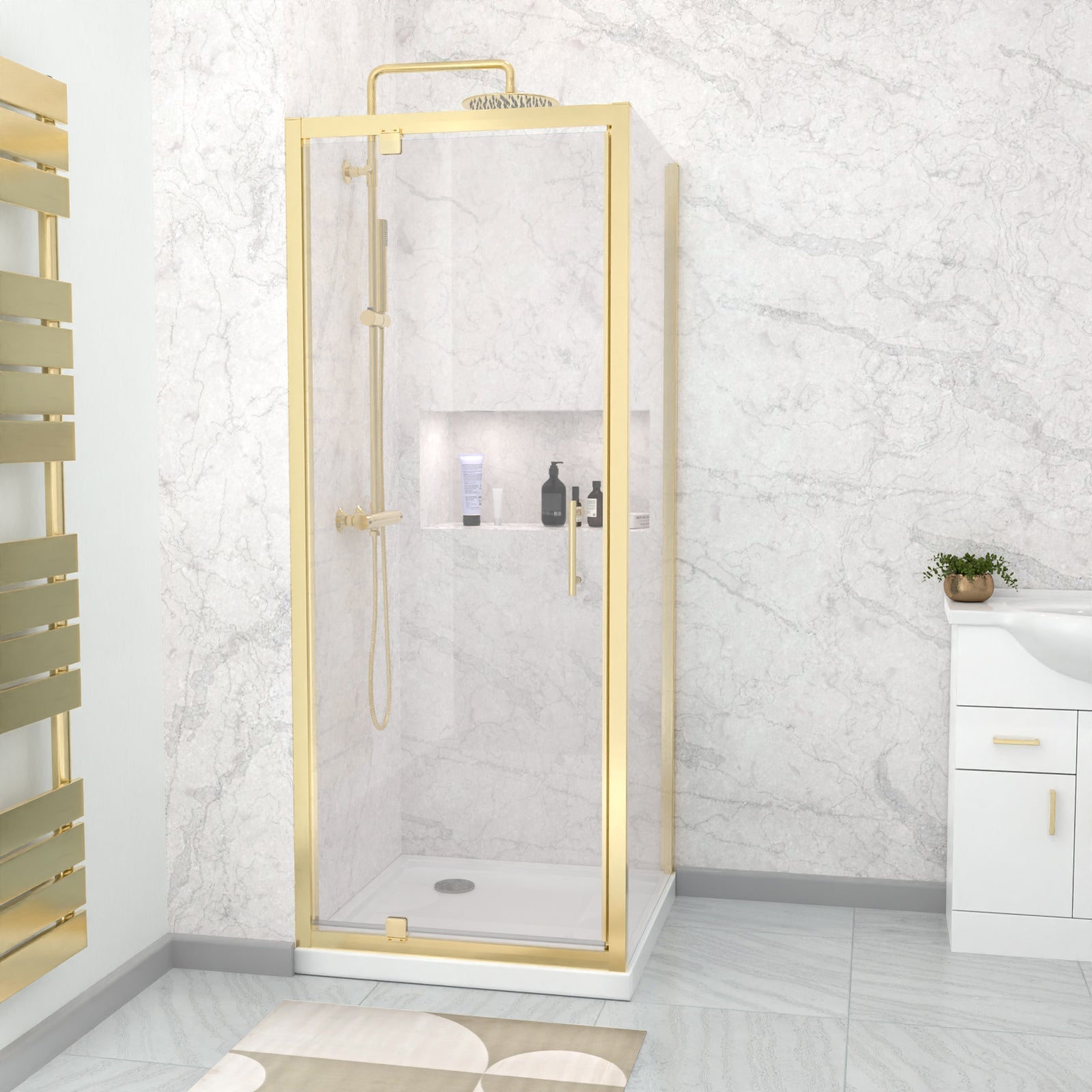Jupiter 800 x 800mm Brushed Brass Framed Pivot Door Shower Enclosure & Side Panel