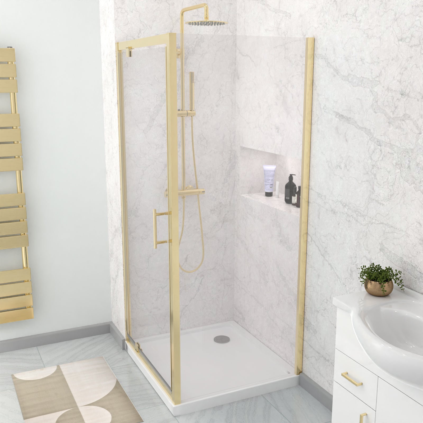 Jupiter 900 x 700mm Brushed Brass Framed Pivot Door Shower Enclosure & Side Panel