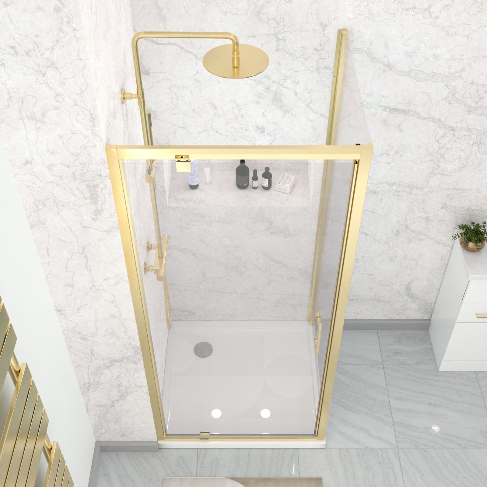 Jupiter 900 x 900mm Brushed Brass Framed Pivot Door Shower Enclosure & Side Panel