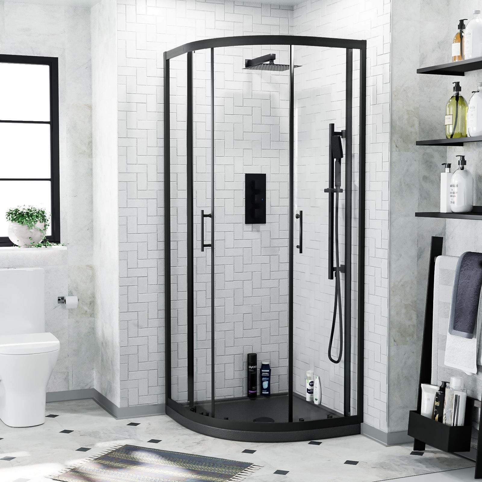 Saturn Matte Black Framed Quadrant Shower Enclosure Set, Shower Tray