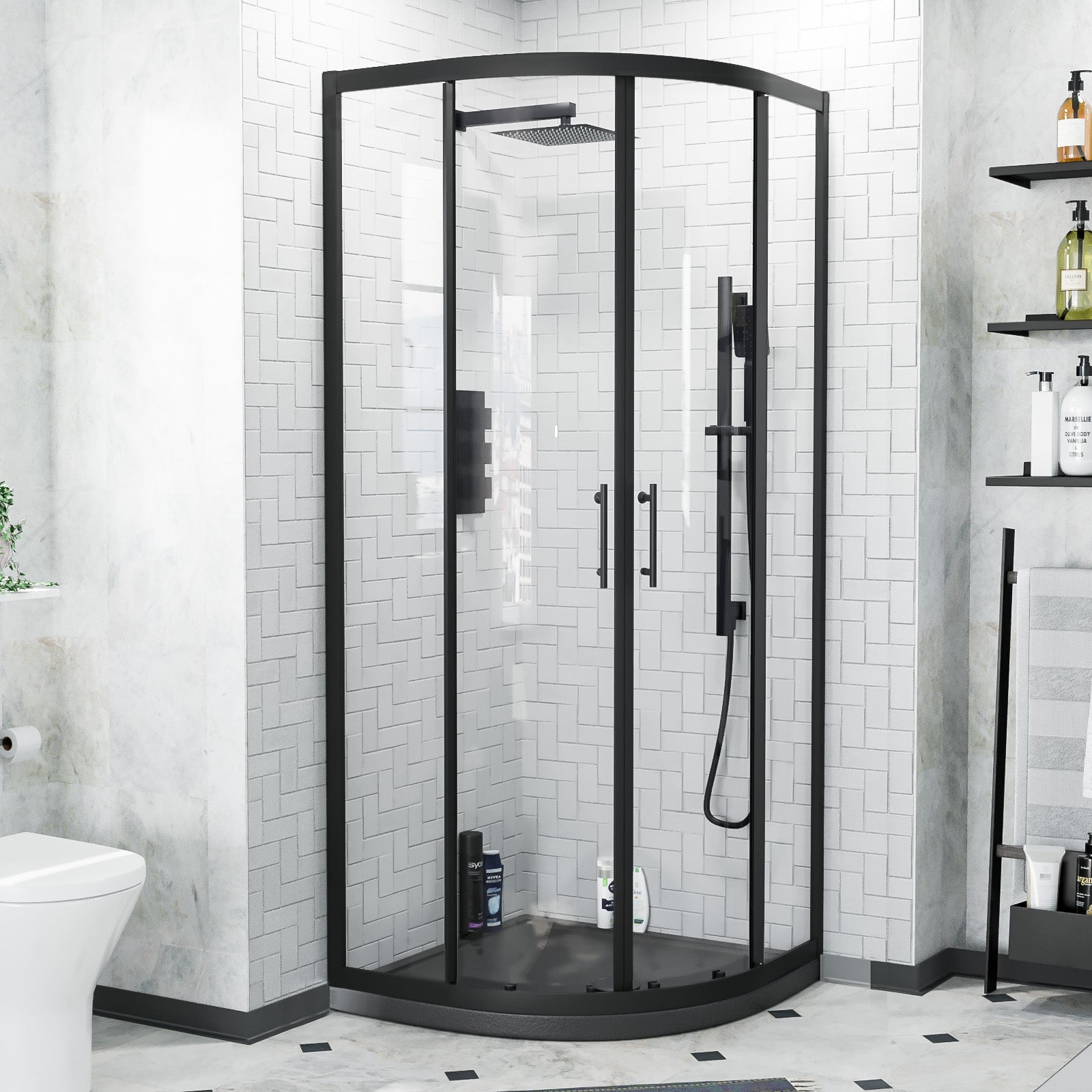 Saturn Matte Black Framed Quadrant Shower Enclosure Set, Shower Tray