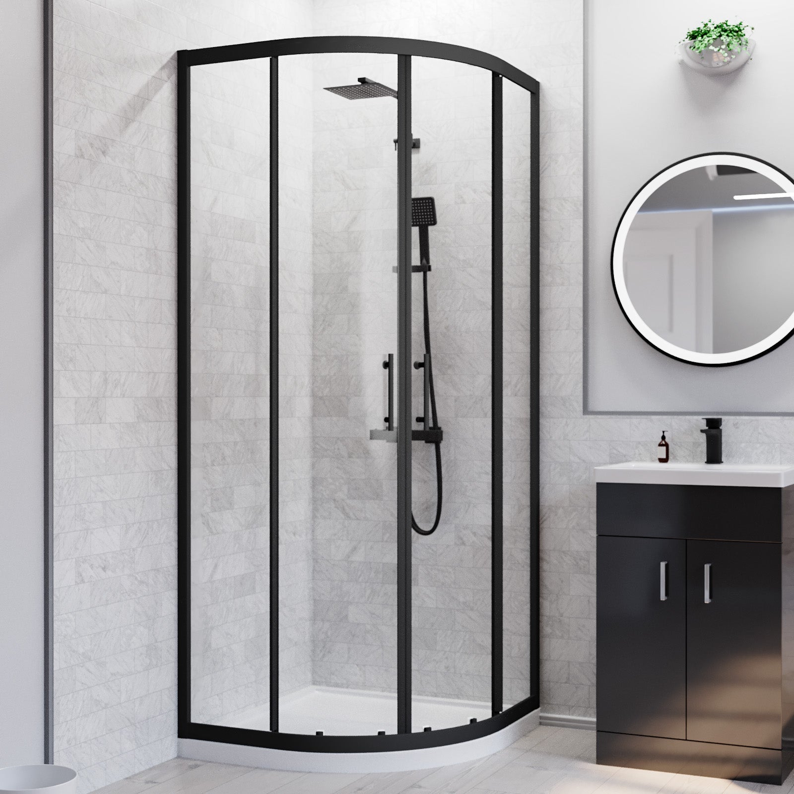Nanuya 900mm Black Quadrant Shower Enclosure, Dark Grey Basin Vanity & Toilet