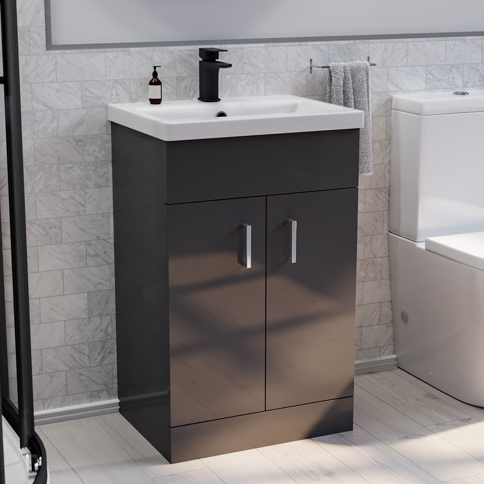 Nanuya 900mm Black Quadrant Shower Enclosure, Dark Grey Basin Vanity & Toilet