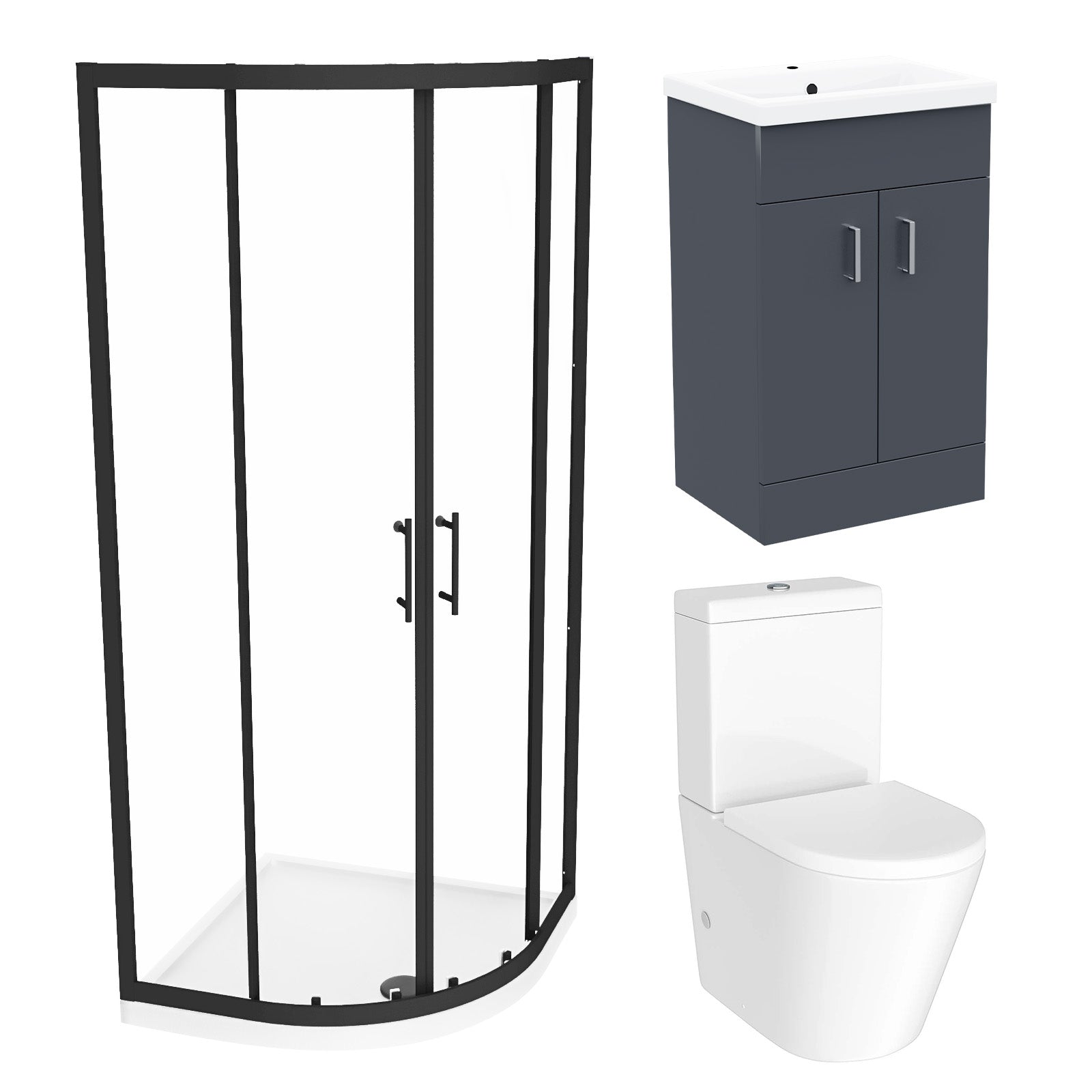 Nanuya 900mm Black Quadrant Shower Enclosure, Dark Grey Basin Vanity & Toilet
