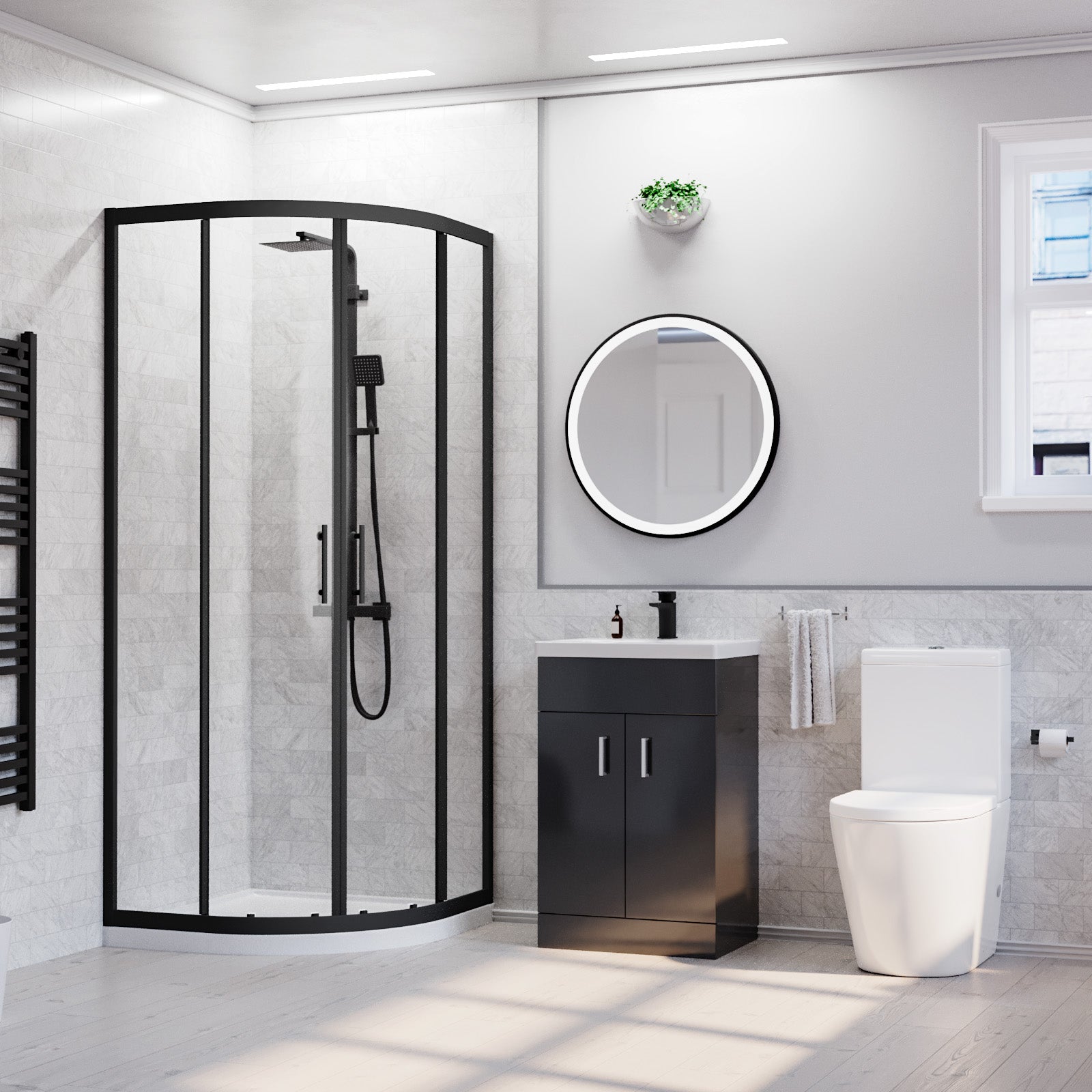 Nanuya 800mm Black Quadrant Shower Enclosure, Dark Grey Basin Vanity & Toilet