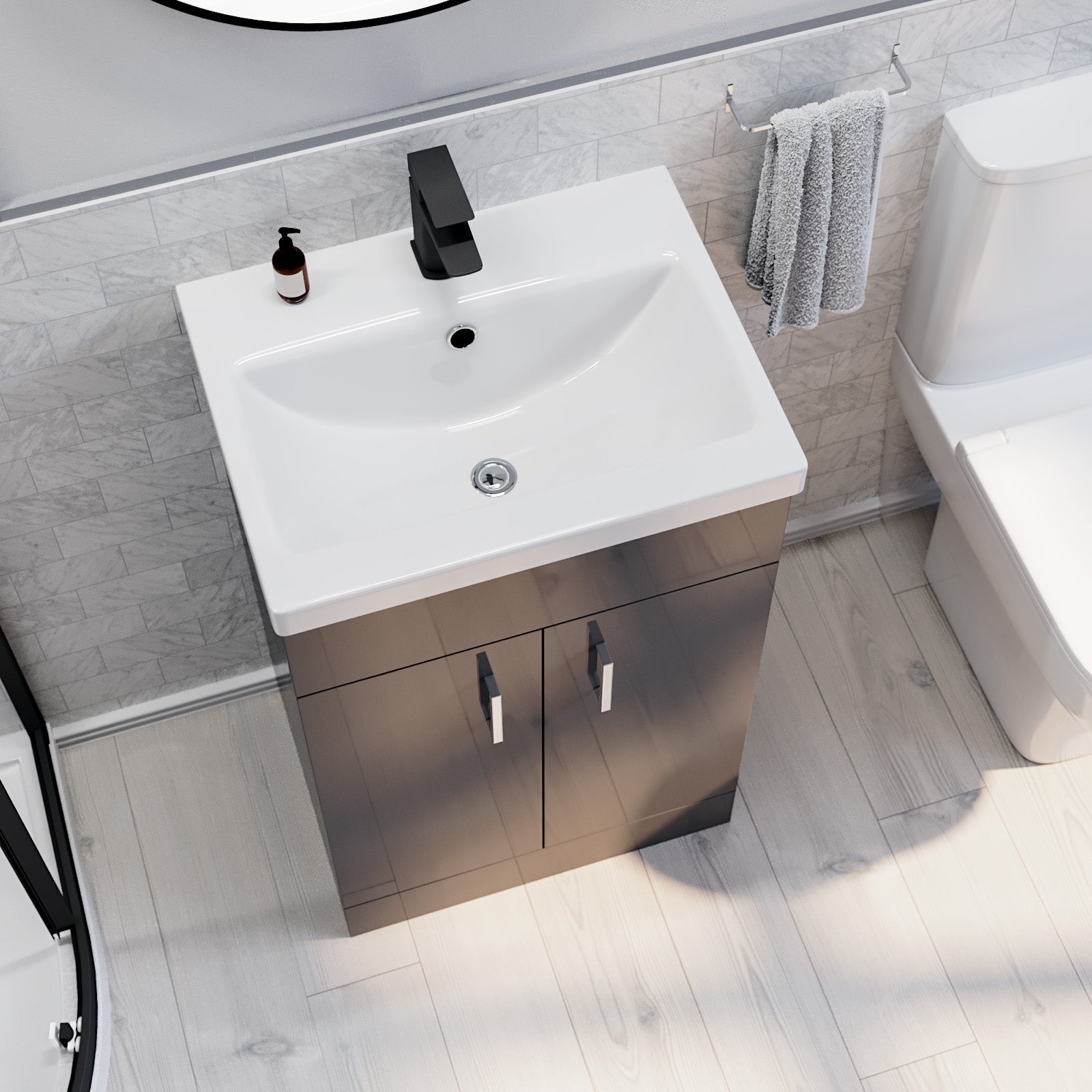 Nanuya 800mm Quadrant Black Shower Enclosure, Dark Grey Basin Vanity & Toilet