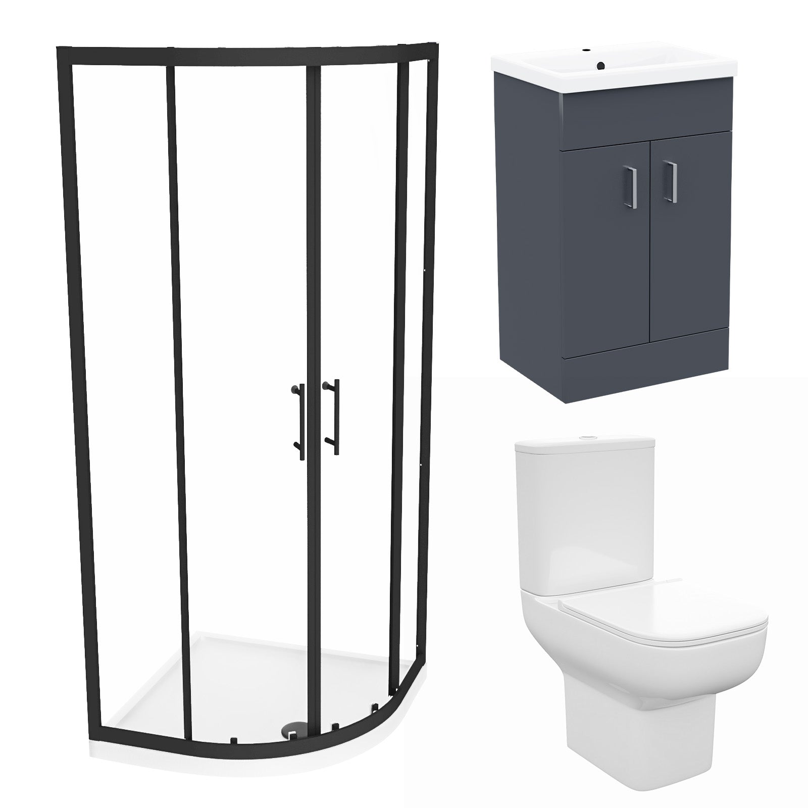 Nanuya 800mm Quadrant Black Shower Enclosure, Dark Grey Basin Vanity & Toilet