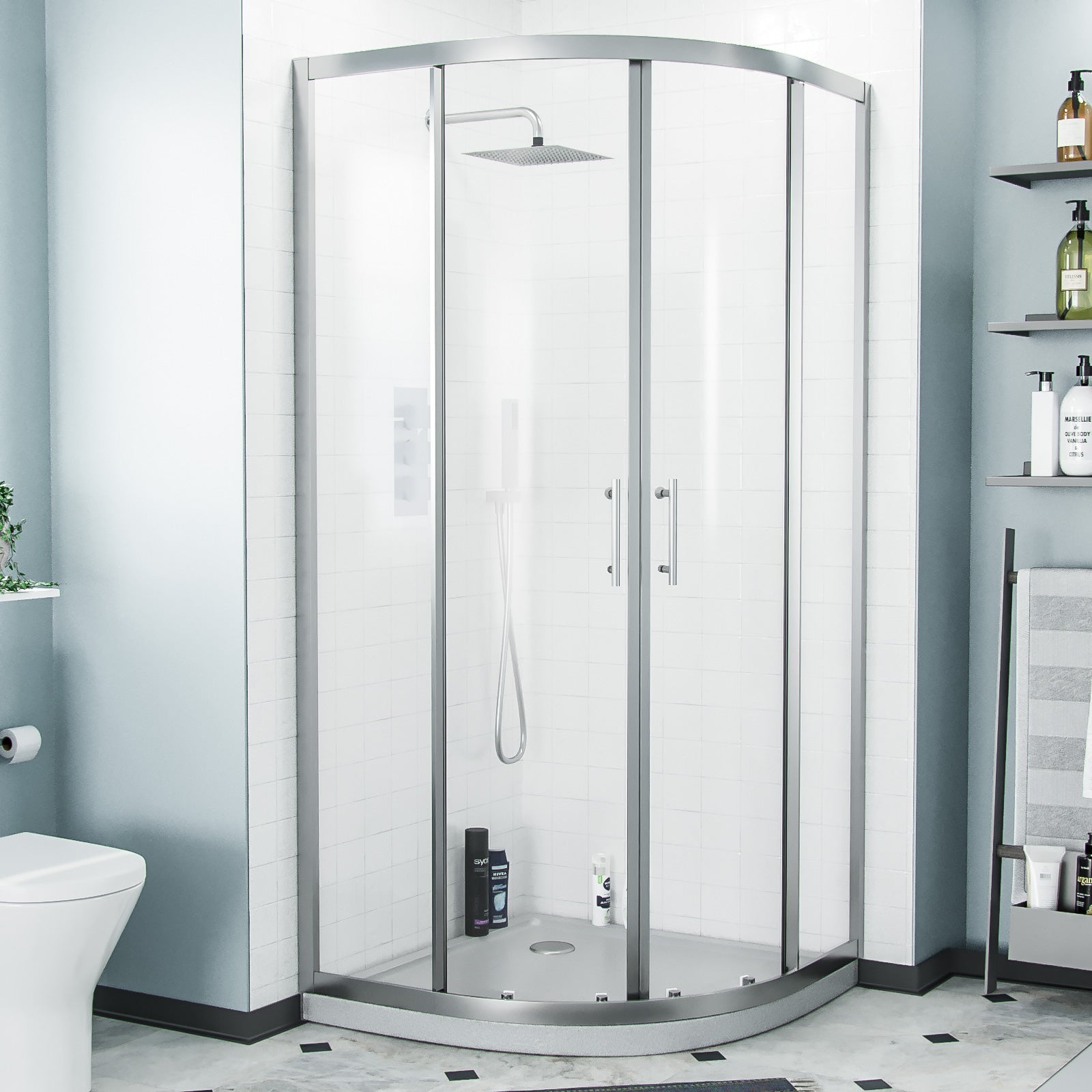 Ellen Rimless Close Coupled Toilet, Flat Pack Vanity Basin Unit, 900mm Quadrant Shower Enclosure and Shower Tray Suite White