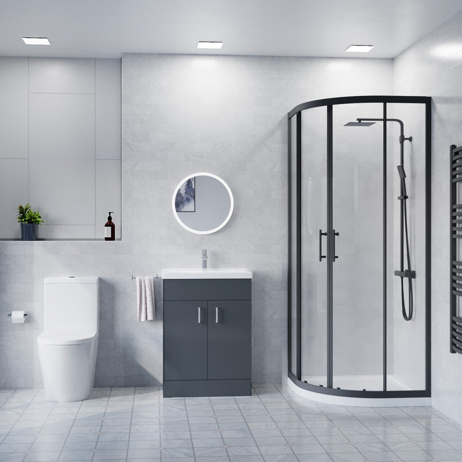 600mm Floor Standing Vanity With Ceramic Basin & Close Coupled Toilet, 900mm Quadrant Screen