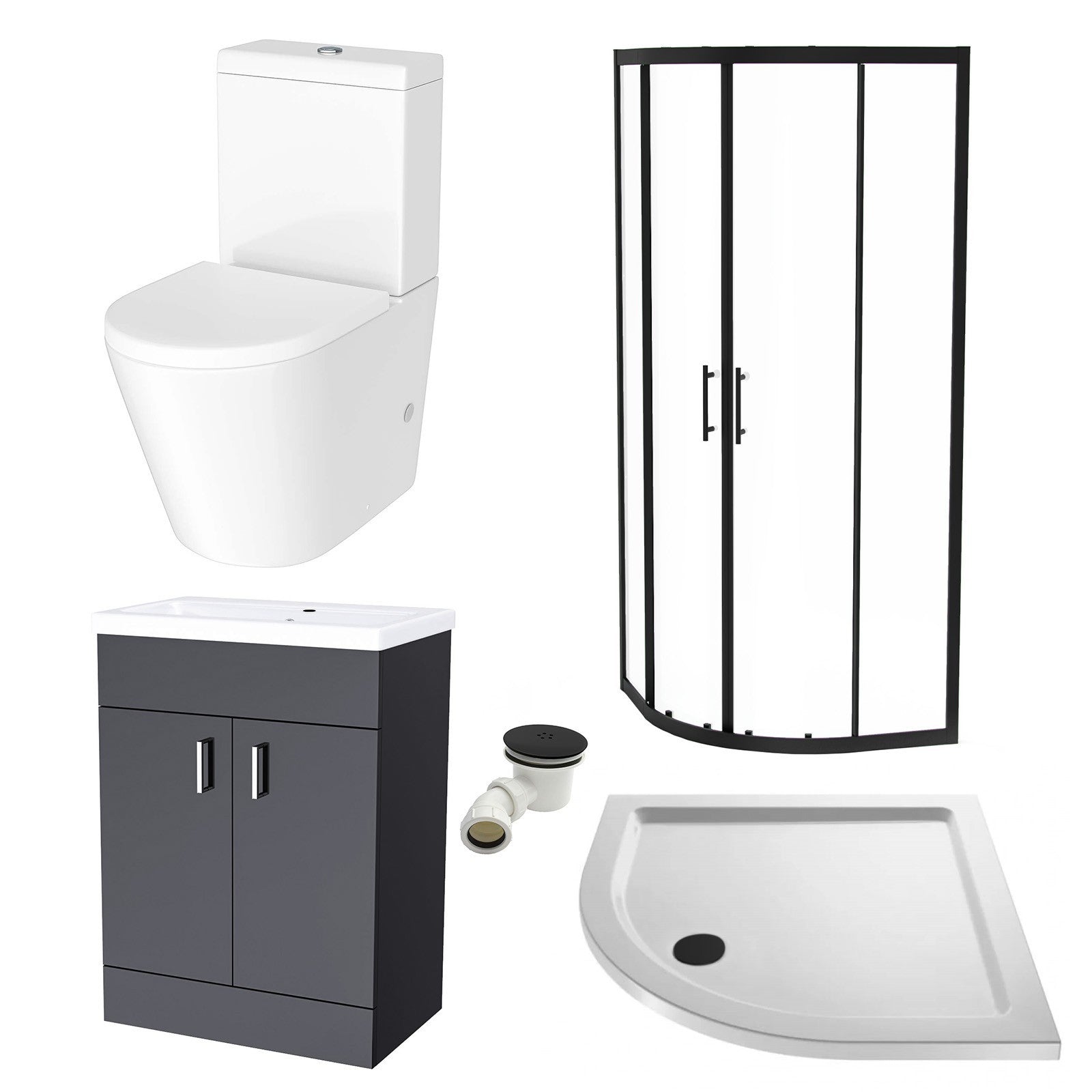 600mm Floor Standing Vanity With Ceramic Basin & Close Coupled Toilet, 900mm Quadrant Screen