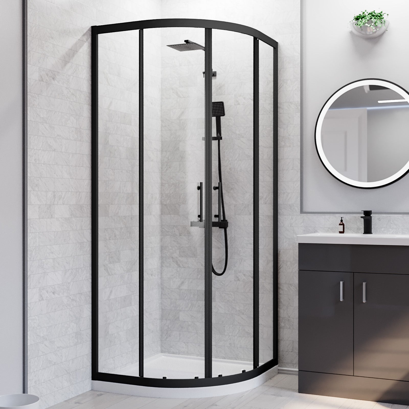 Nanuya 900mm Quadrant Black Shower Enclosure, Dark Grey Basin Vanity & Toilet