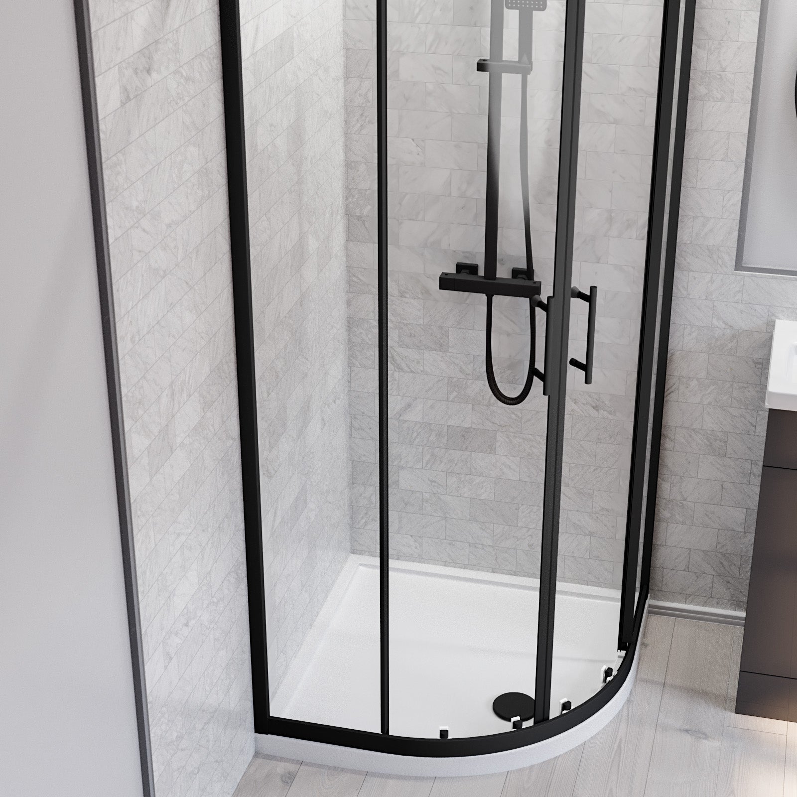 Nanuya 900mm Quadrant Black Shower Enclosure, Dark Grey Basin Vanity & Toilet