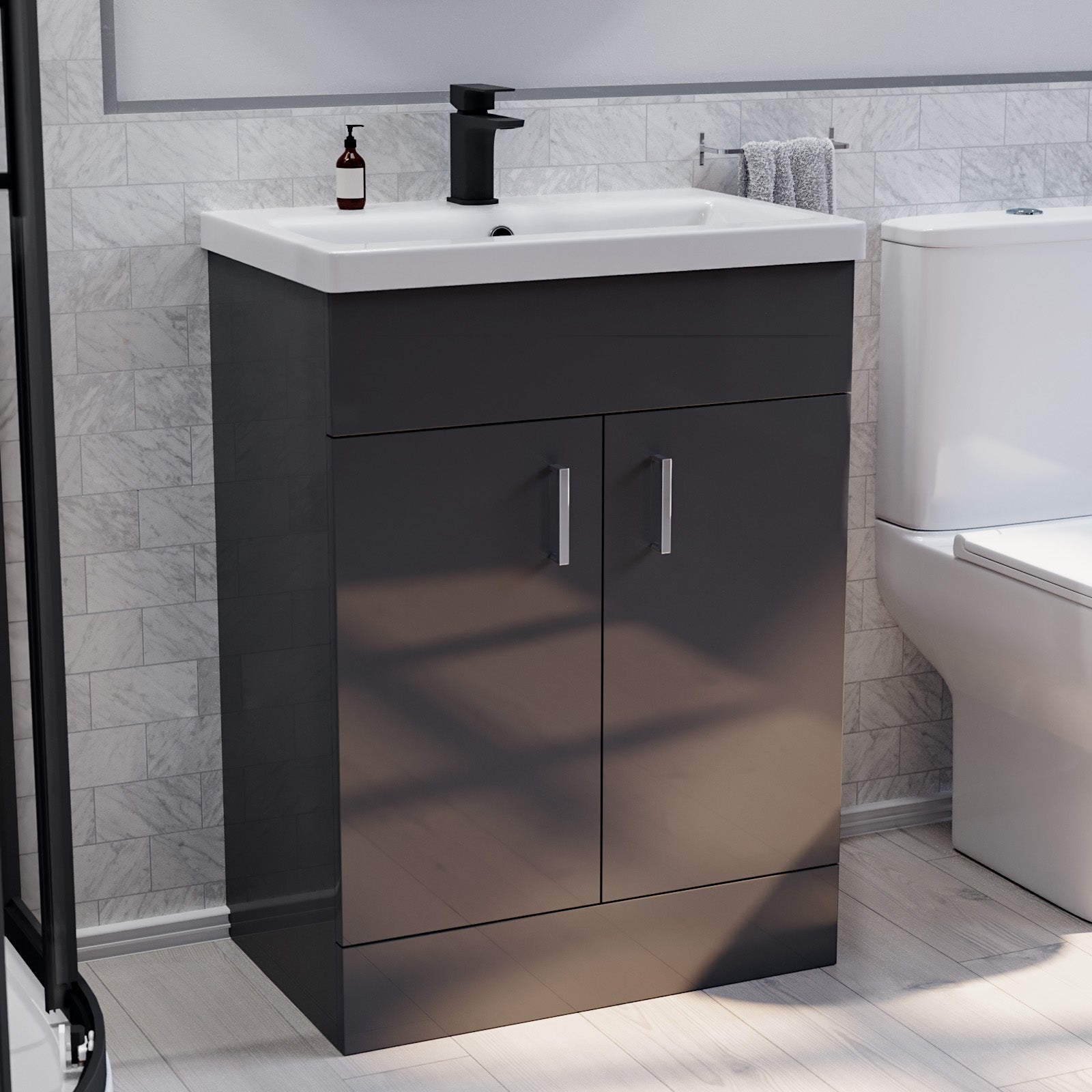 Nanuya 900mm Quadrant Black Shower Enclosure, Dark Grey Basin Vanity & Toilet