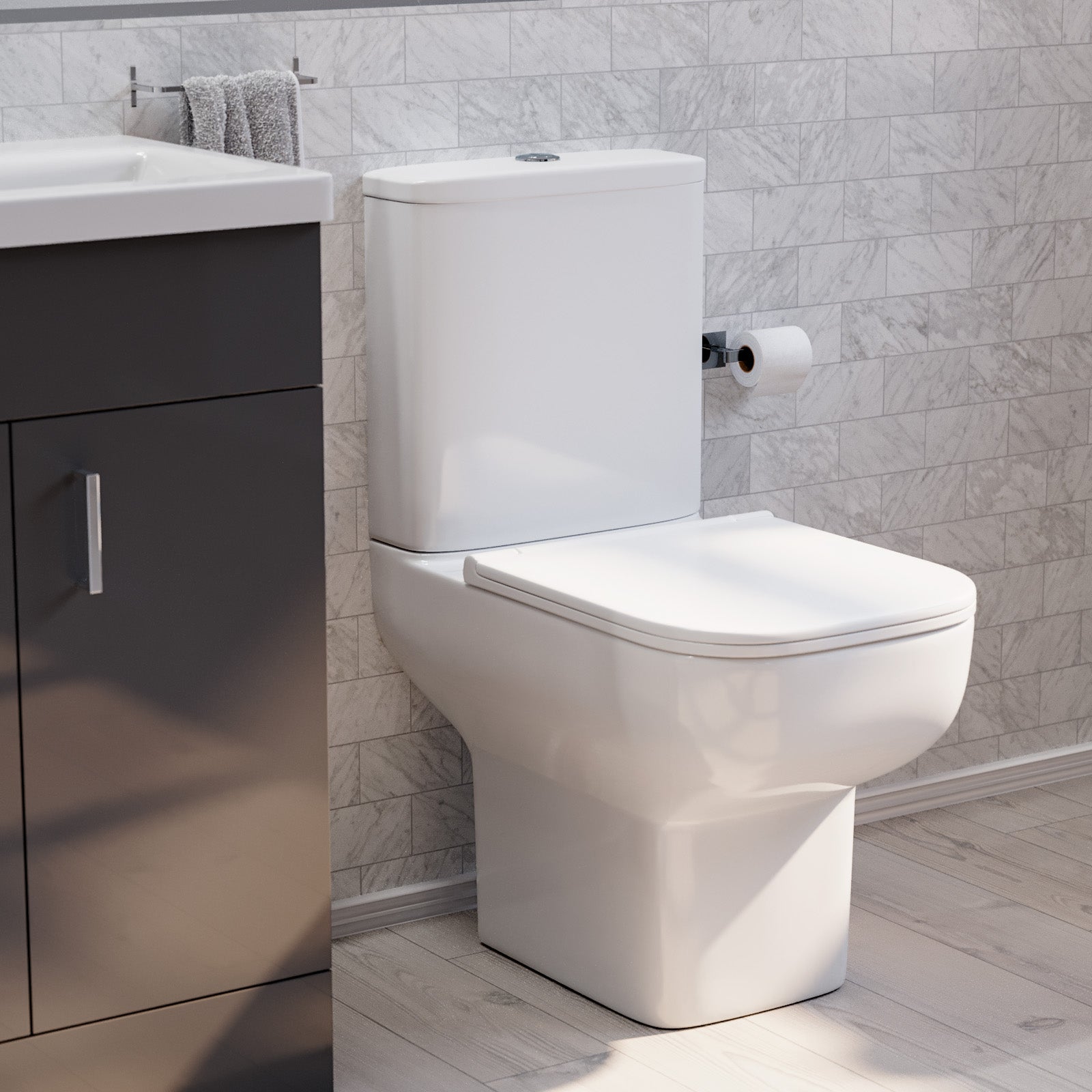 Nanuya 900mm Quadrant Black Shower Enclosure, Dark Grey Basin Vanity & Toilet