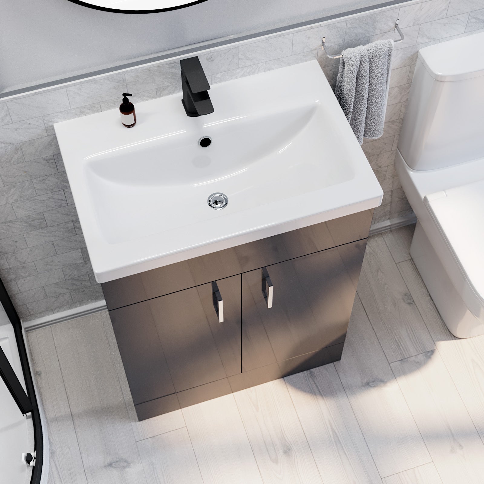 Nanuya 900mm Quadrant Black Shower Enclosure, Dark Grey Basin Vanity & Toilet