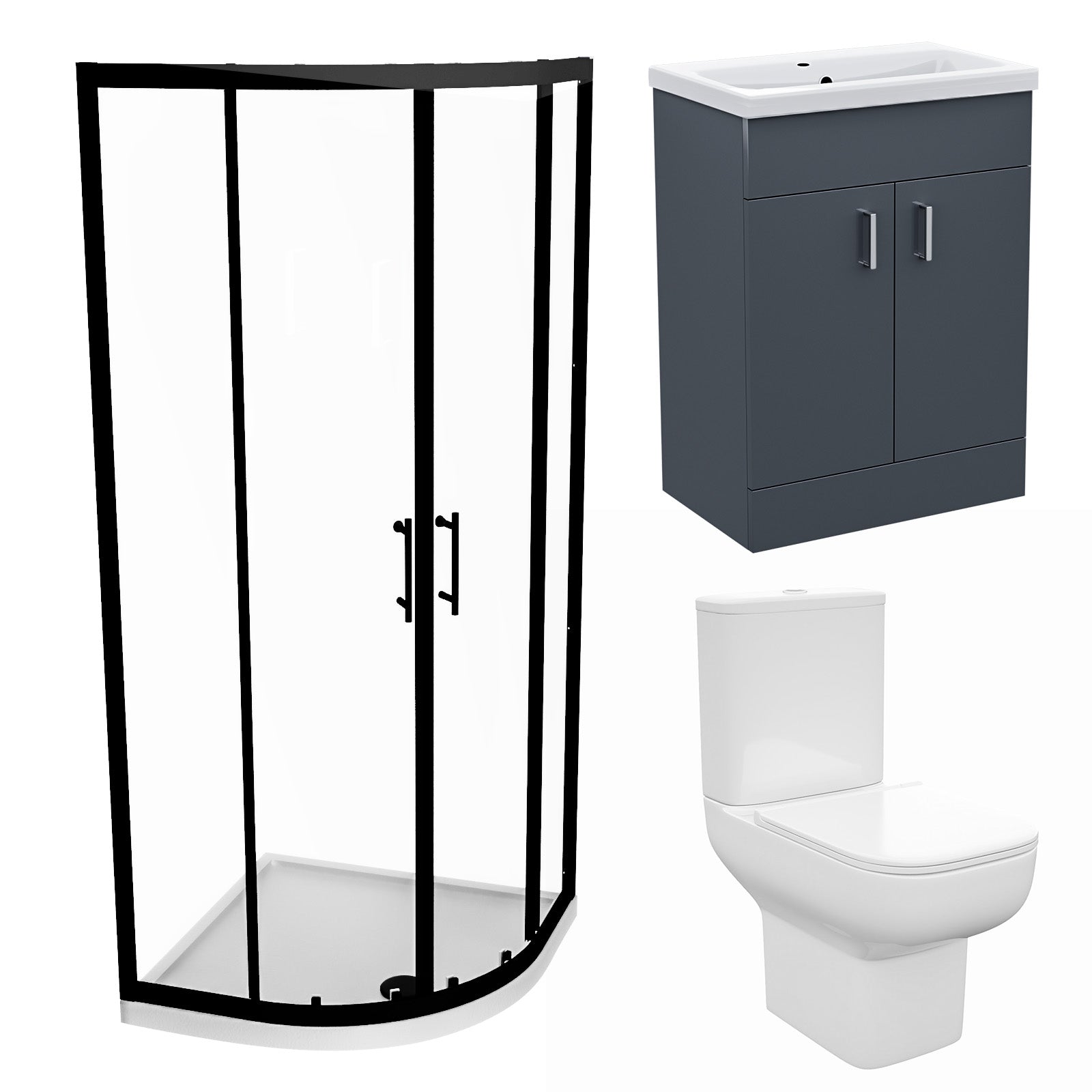 Nanuya 900mm Quadrant Black Shower Enclosure, Dark Grey Basin Vanity & Toilet