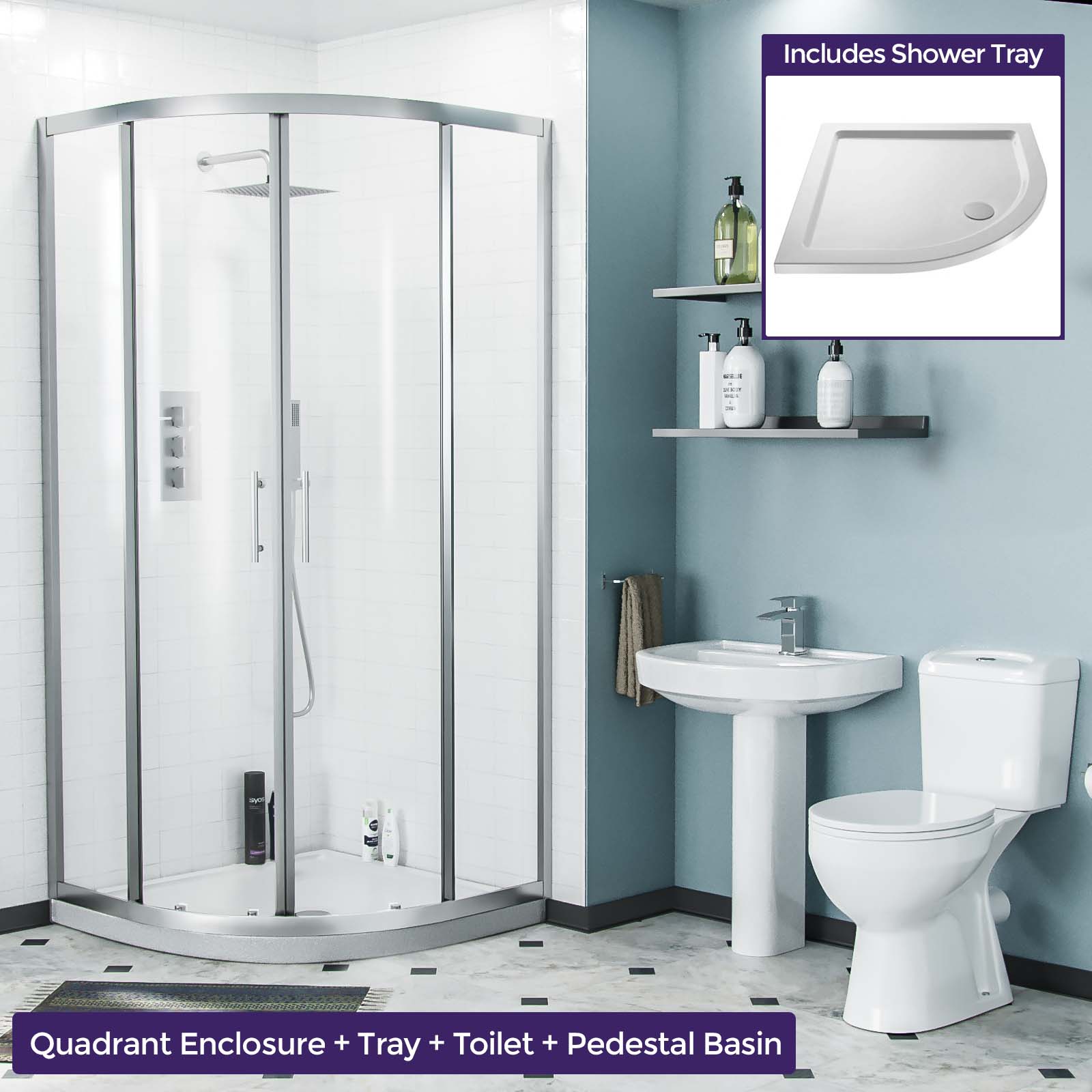 3-Piece 545mm Basin Full Pedestal and Toilet with 900 Quadrant Shower