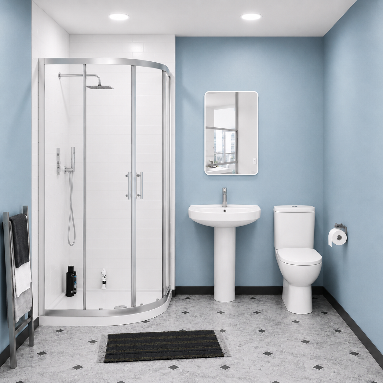 3-Piece 545mm Basin Full Pedestal and Toilet with 900 Quadrant Shower
