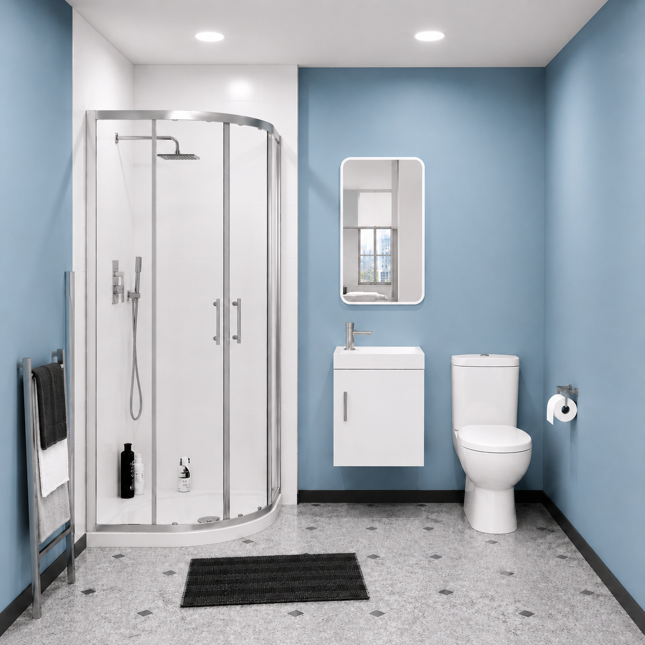 Nanuya 3-Piece White Shower Enclosure Suite - 800mm Quadrant Shower Enclosure with Tray, Close Coupled WC Toilet with Seat and Wall Hung Vanity Basin Unit
