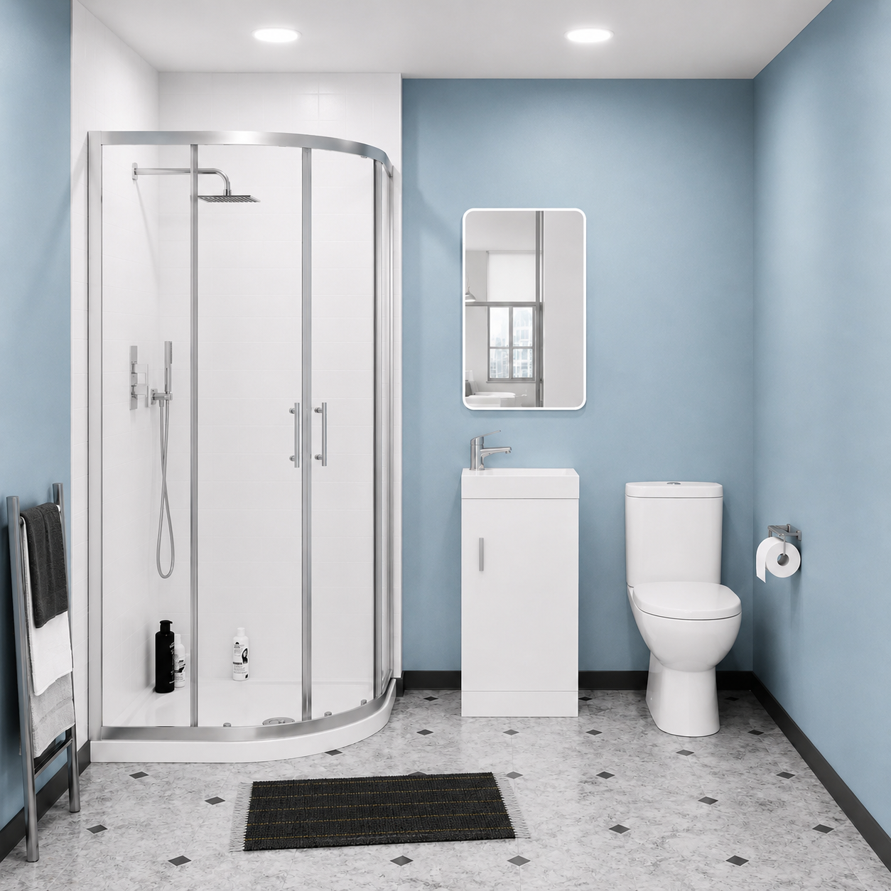 Nanuya 3-Piece White Shower Enclosure Suite - 900mm Quadrant Shower Enclosure with Tray, Close Coupled WC Toilet with Seat and Floorstanding 400 mm Vanity Basin Unit