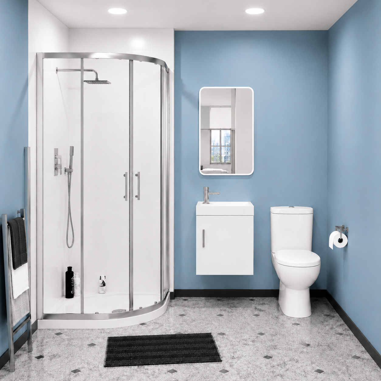 Nanuya 3-Piece White Shower Enclosure Suite with Tray, Close Coupled WC Toilet with Seat and Wall Hung 400 mm Vanity