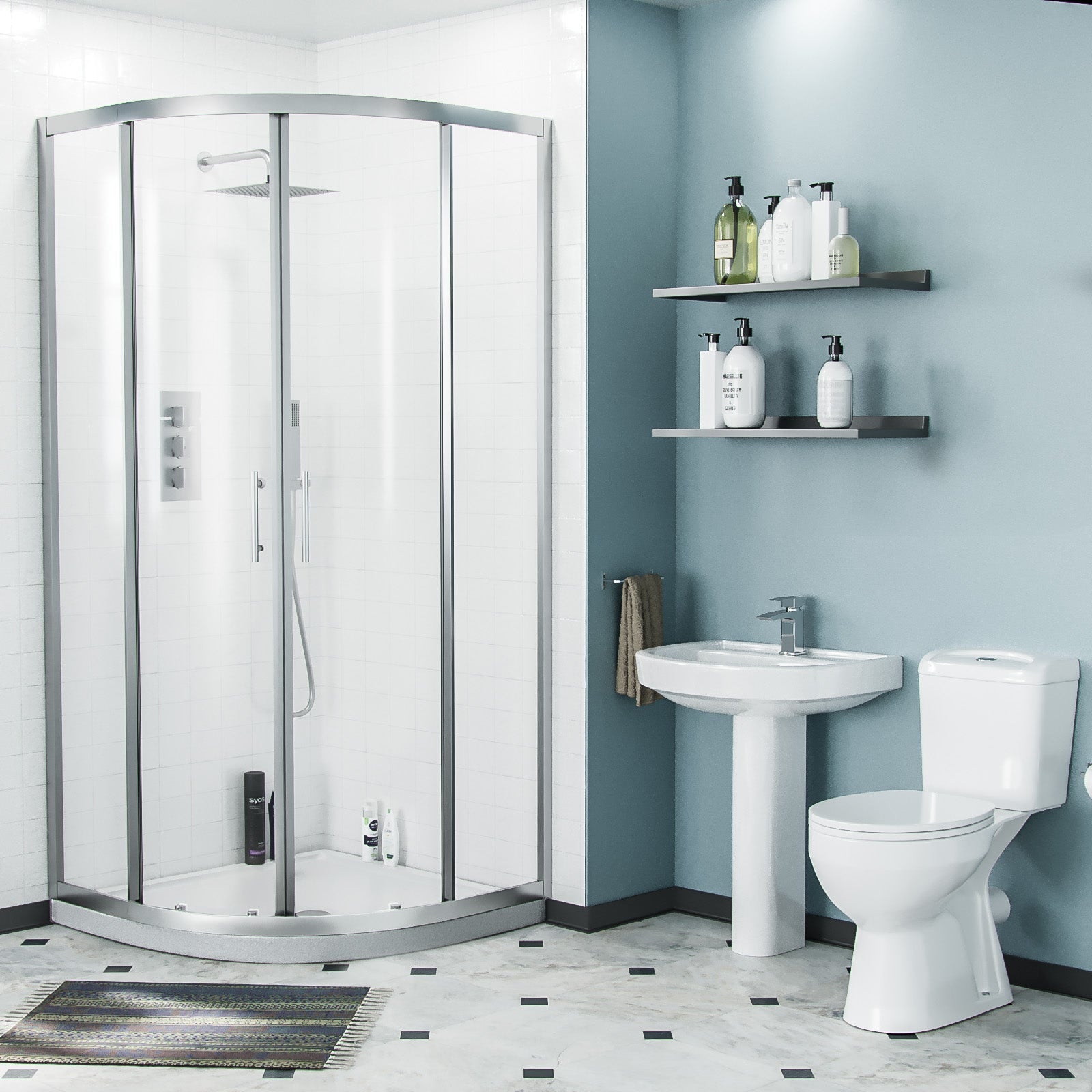 3-Piece 545mm Basin Full Pedestal and Toilet with 900 Quadrant Shower