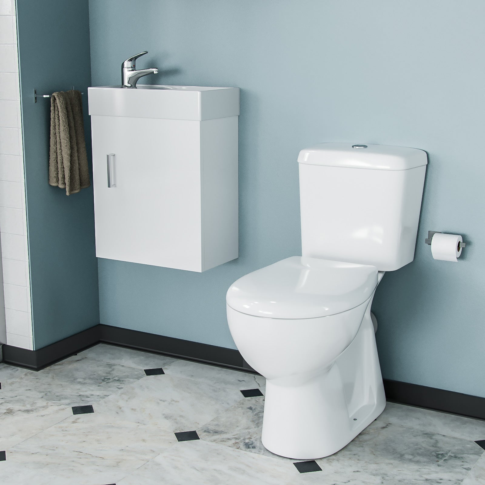 Nanuya 3-Piece White Shower Enclosure Suite - 800mm Quadrant Shower Enclosure with Tray, Close Coupled WC Toilet with Seat and Wall Hung Vanity Basin Unit