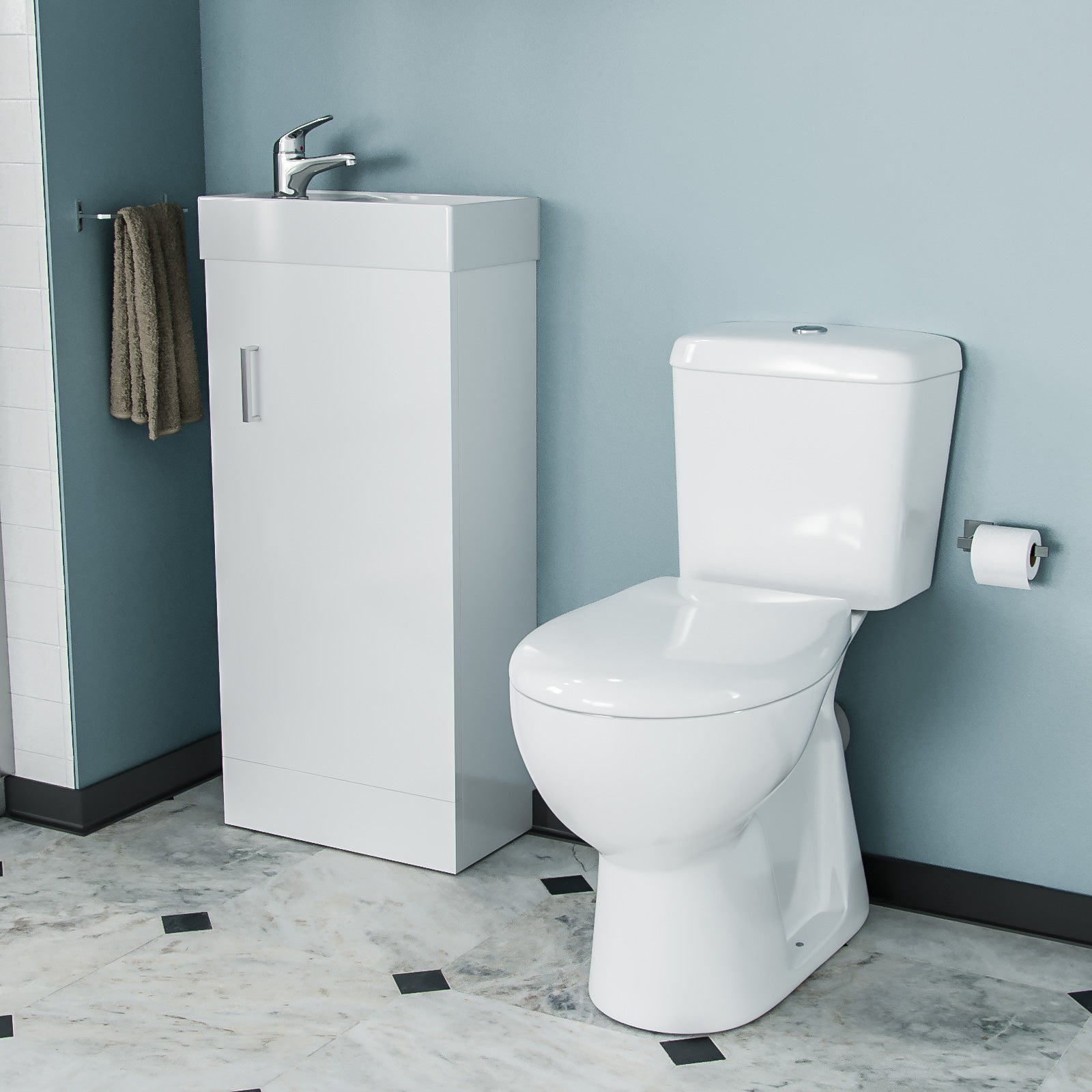 Nanuya 3-Piece White Shower Enclosure Suite - 900mm Quadrant Shower Enclosure with Tray, Close Coupled WC Toilet with Seat and Floorstanding 400 mm Vanity Basin Unit