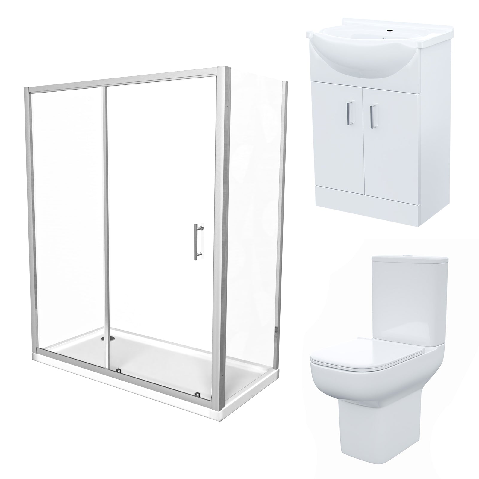 Ellen 1100 x 700mm Shower Sliding Door Enclosure, Tray, Vanity Unit & Toilet