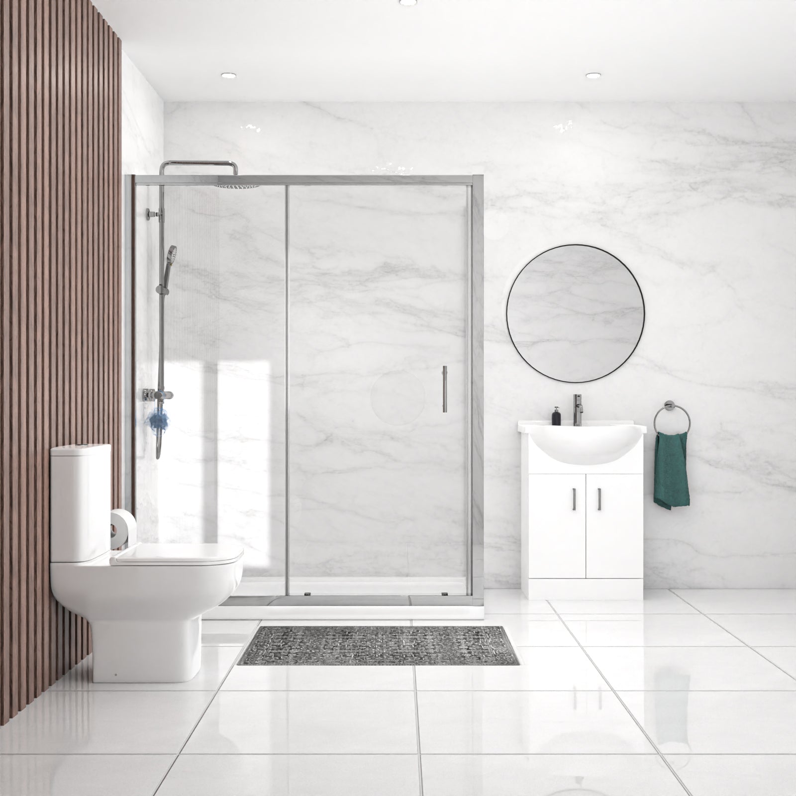 Ellen 1100 x 700mm Shower Sliding Door Enclosure, Tray, Vanity Unit & Toilet