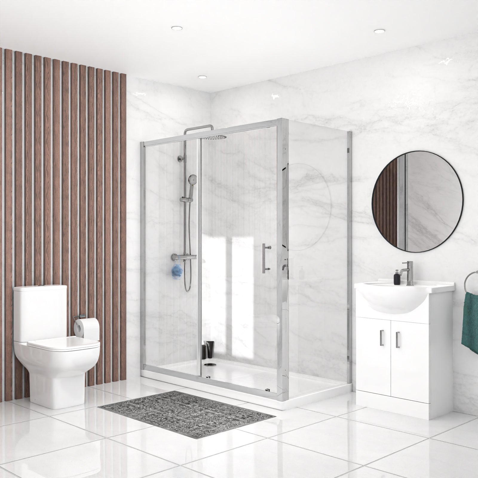 Ellen 1100 x 700mm Shower Sliding Door Enclosure, Tray, Vanity Unit & Toilet