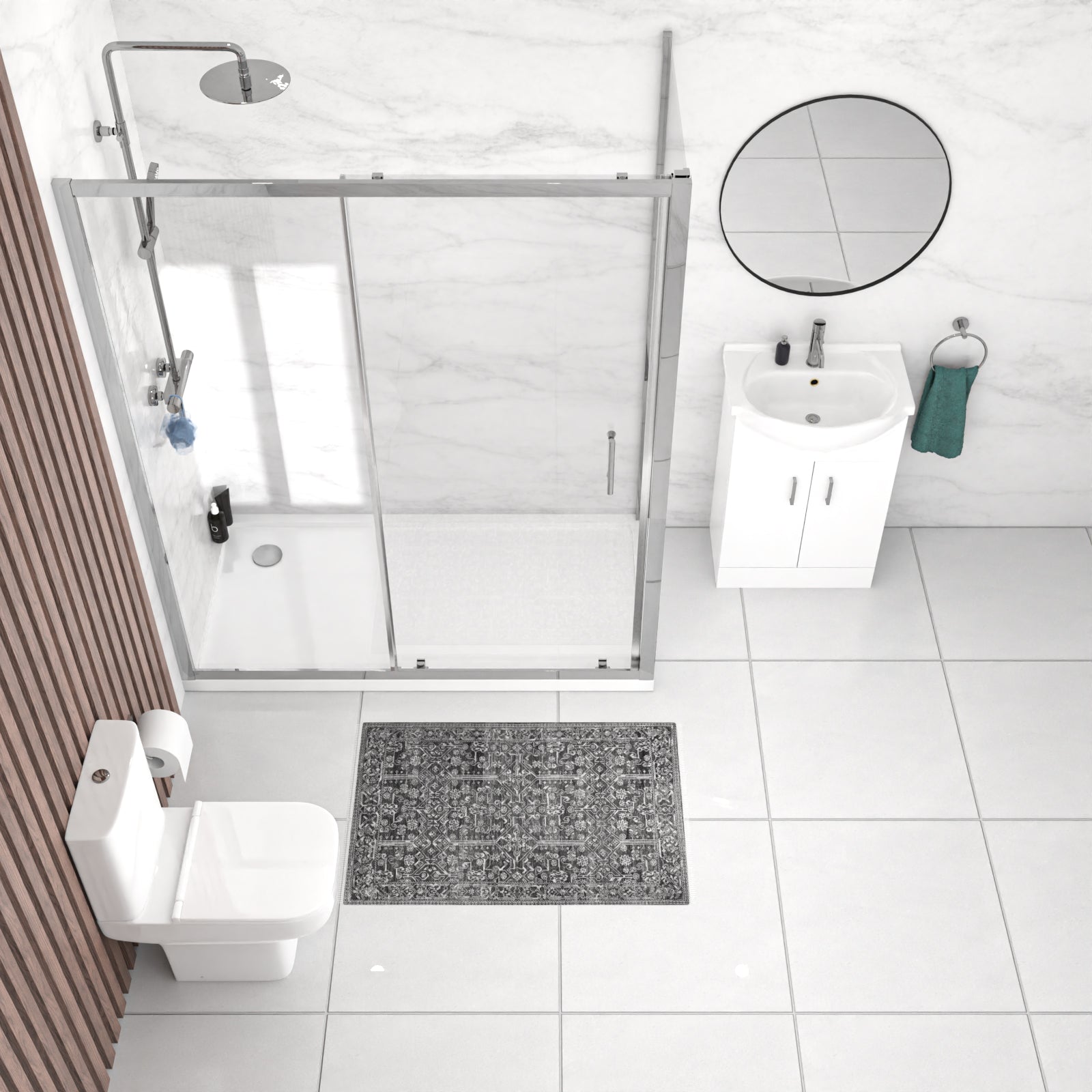 Ellen 1100 x 700mm Shower Sliding Door Enclosure, Tray, Vanity Unit & Toilet